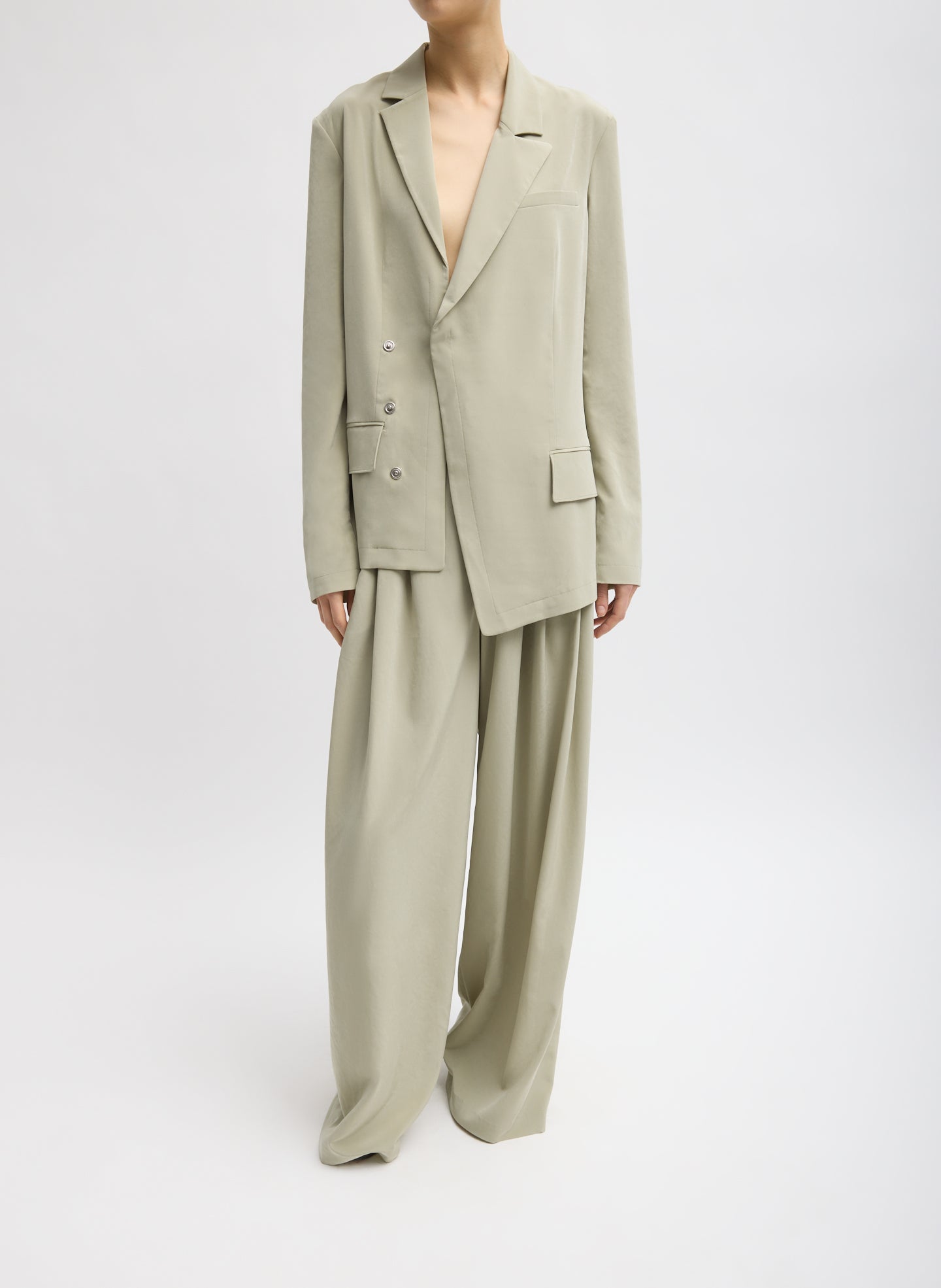 Moss Grey Relaxed Suiting Asymmetrical Wrap Blazer - full look, front view on model