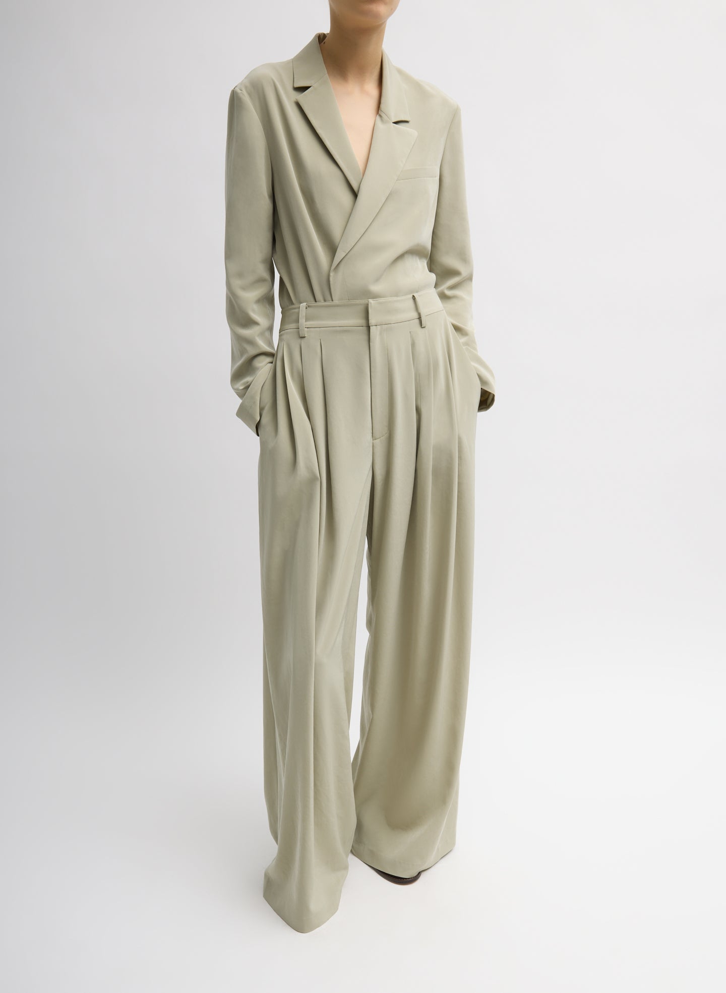 Moss Grey Relaxed Suiting Asymmetrical Wrap Blazer - full look, front view on model