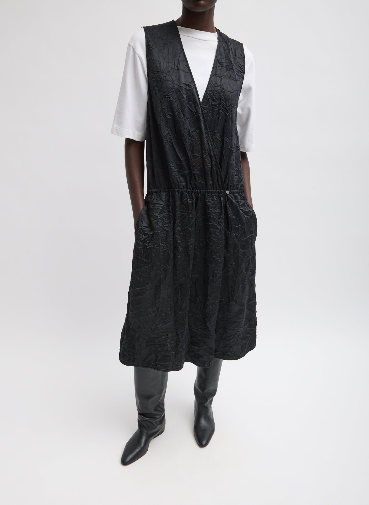 Black Tech Crush Wrap Dress - front view on model