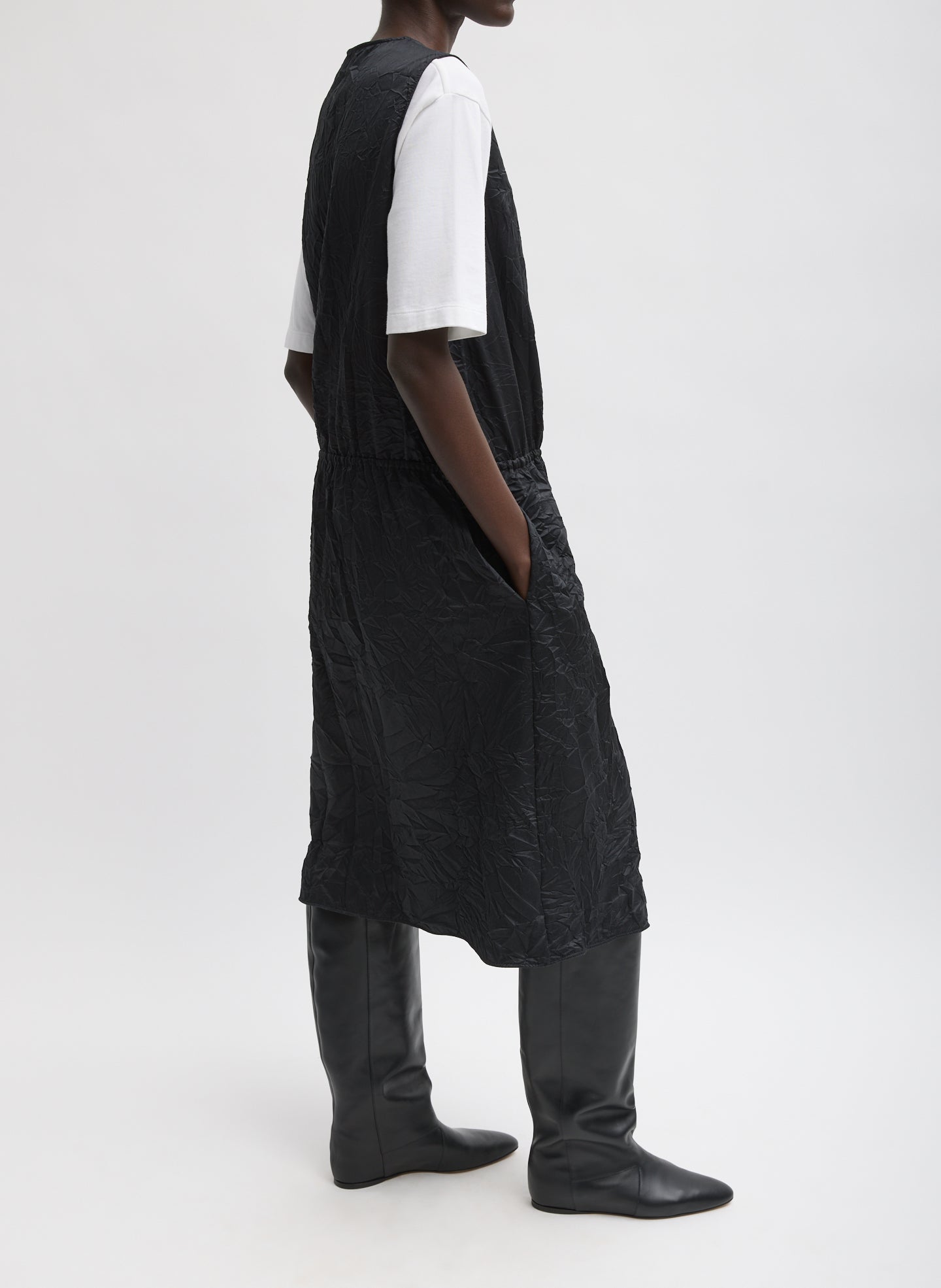 Black Tech Crush Wrap Dress - side view on model