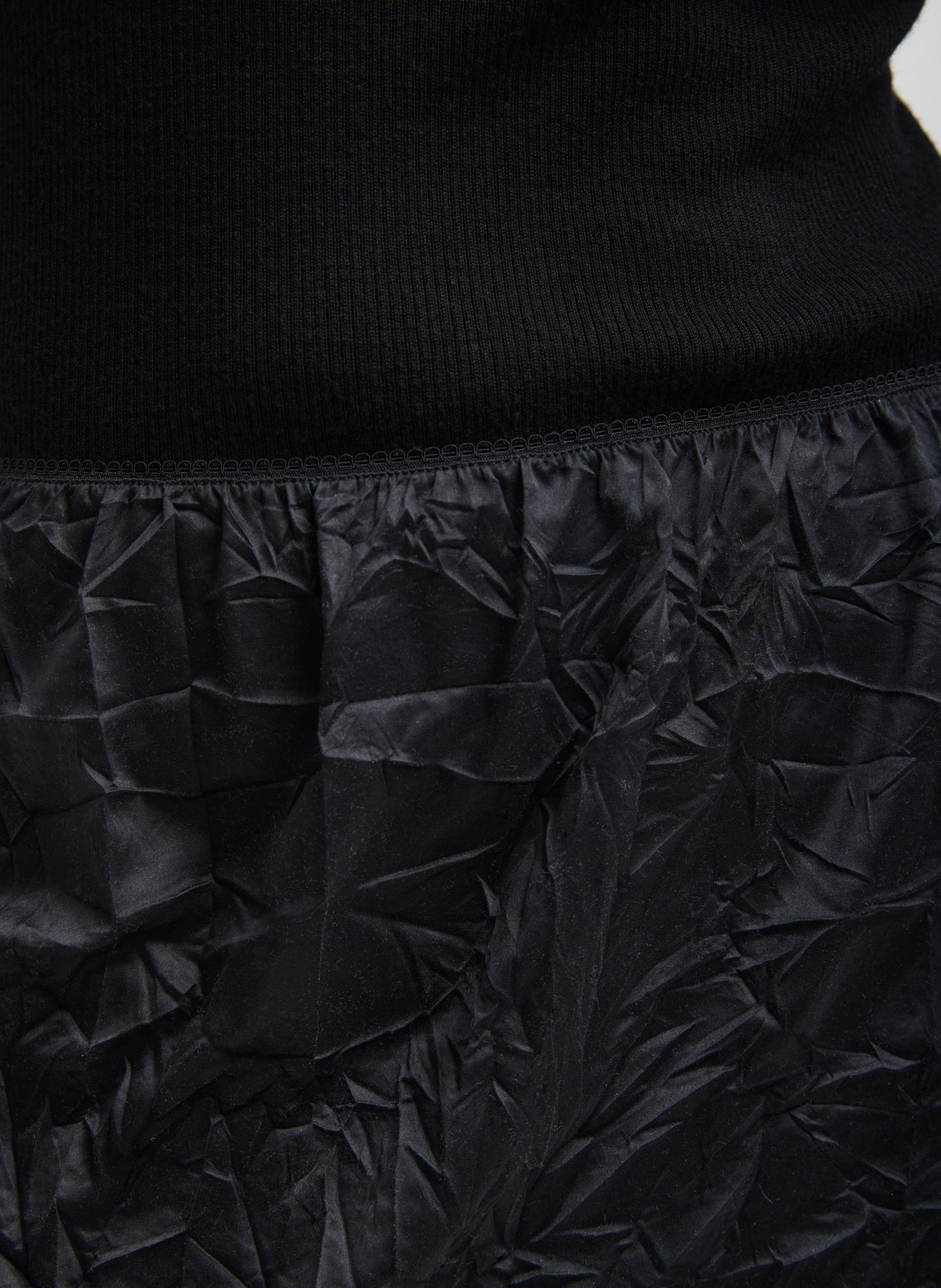Black Tech Crush Slip Skirt - close up of waist band and hand-crinkled fabric
