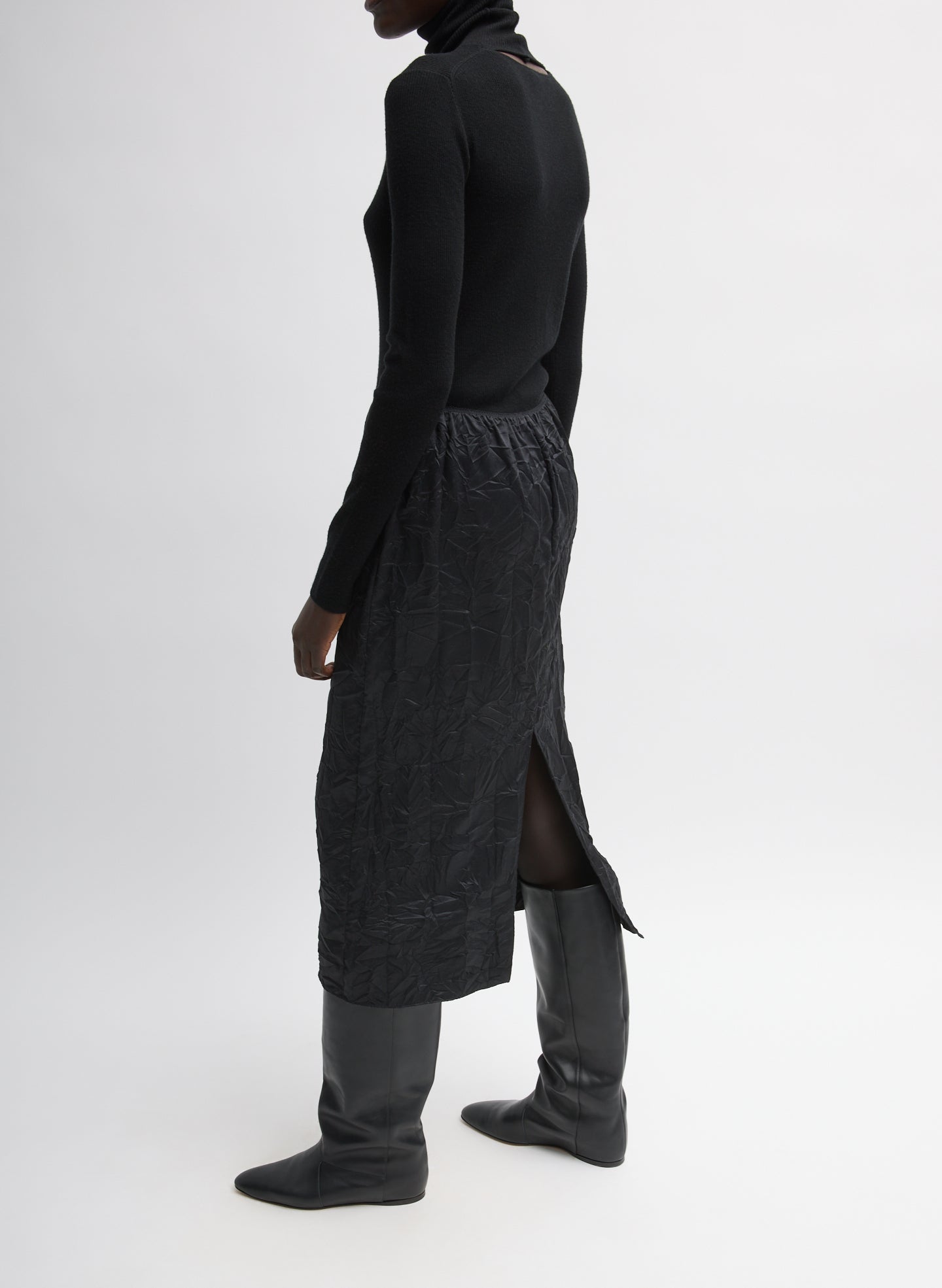 Black Tech Crush Slip Skirt - full look, side view on model
