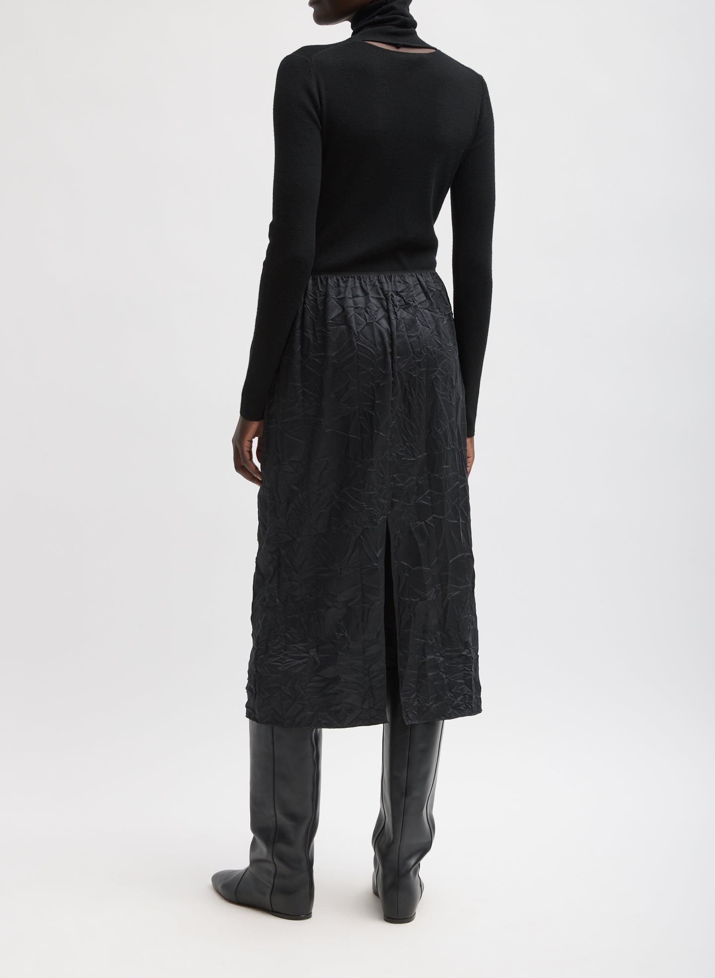 Black Tech Crush Slip Skirt - full look, back view on model