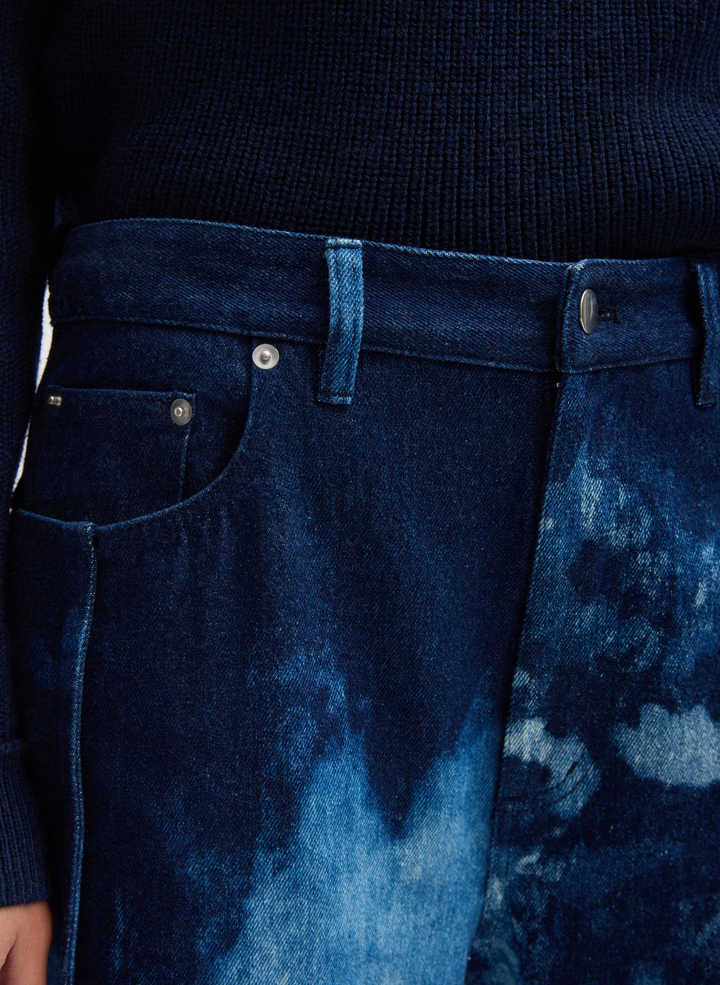 Tie Dye Denim Tuck Jean - closeup of belt loops and tie dye detail