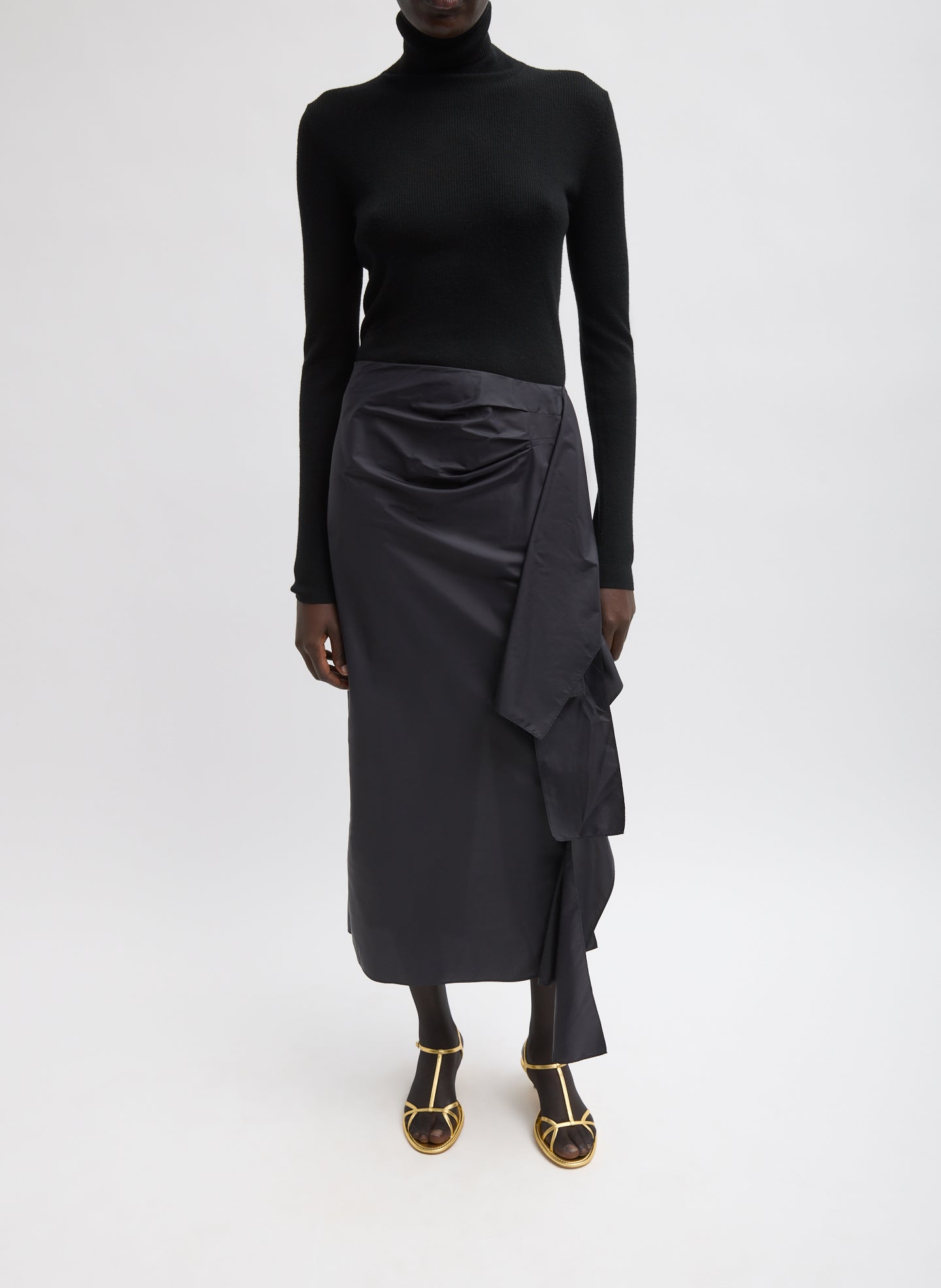 Black Italian Sporty Nylon Ribbon Skirt - full look, front view on model
