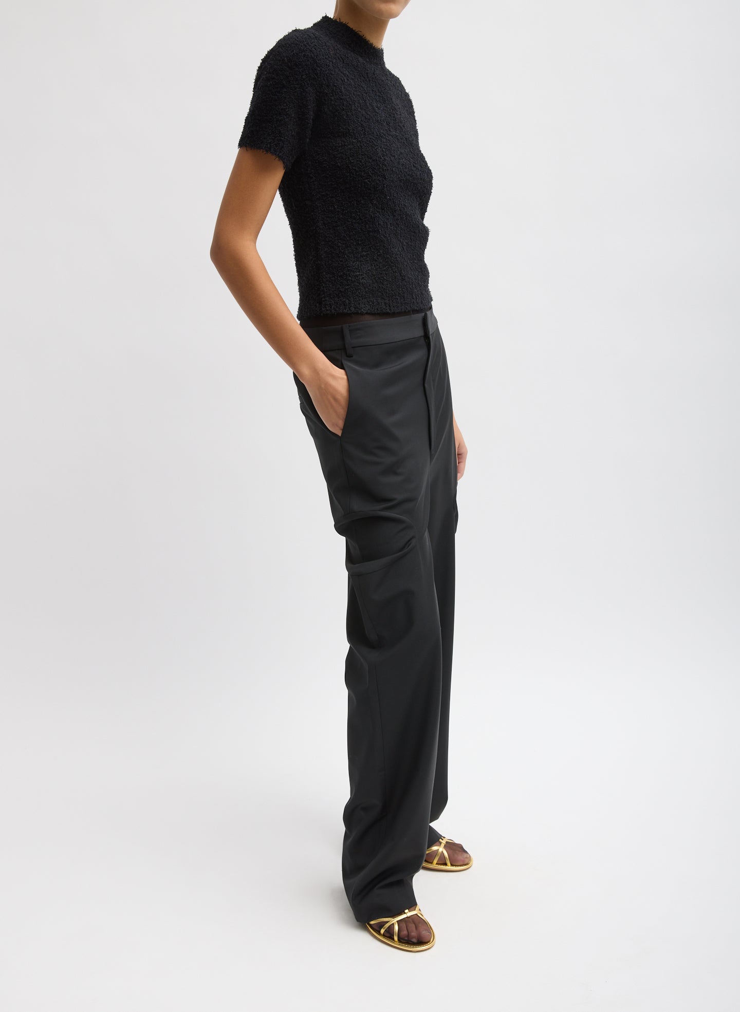 Black Recycled Tropical Wool Sculpted Meir Trouser - full look, side view on model