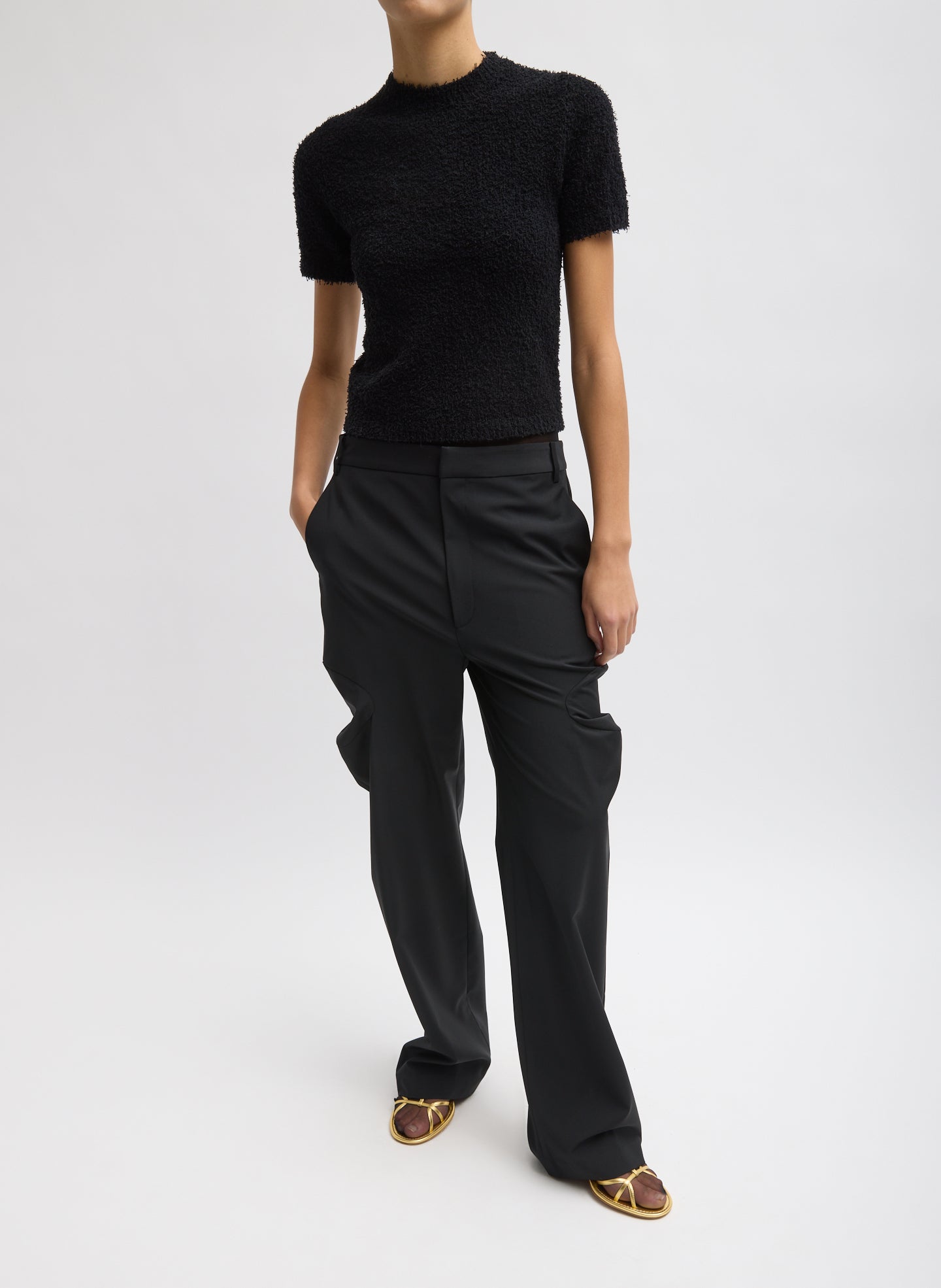 Black Recycled Tropical Wool Sculpted Meir Trouser - full look, front view on model