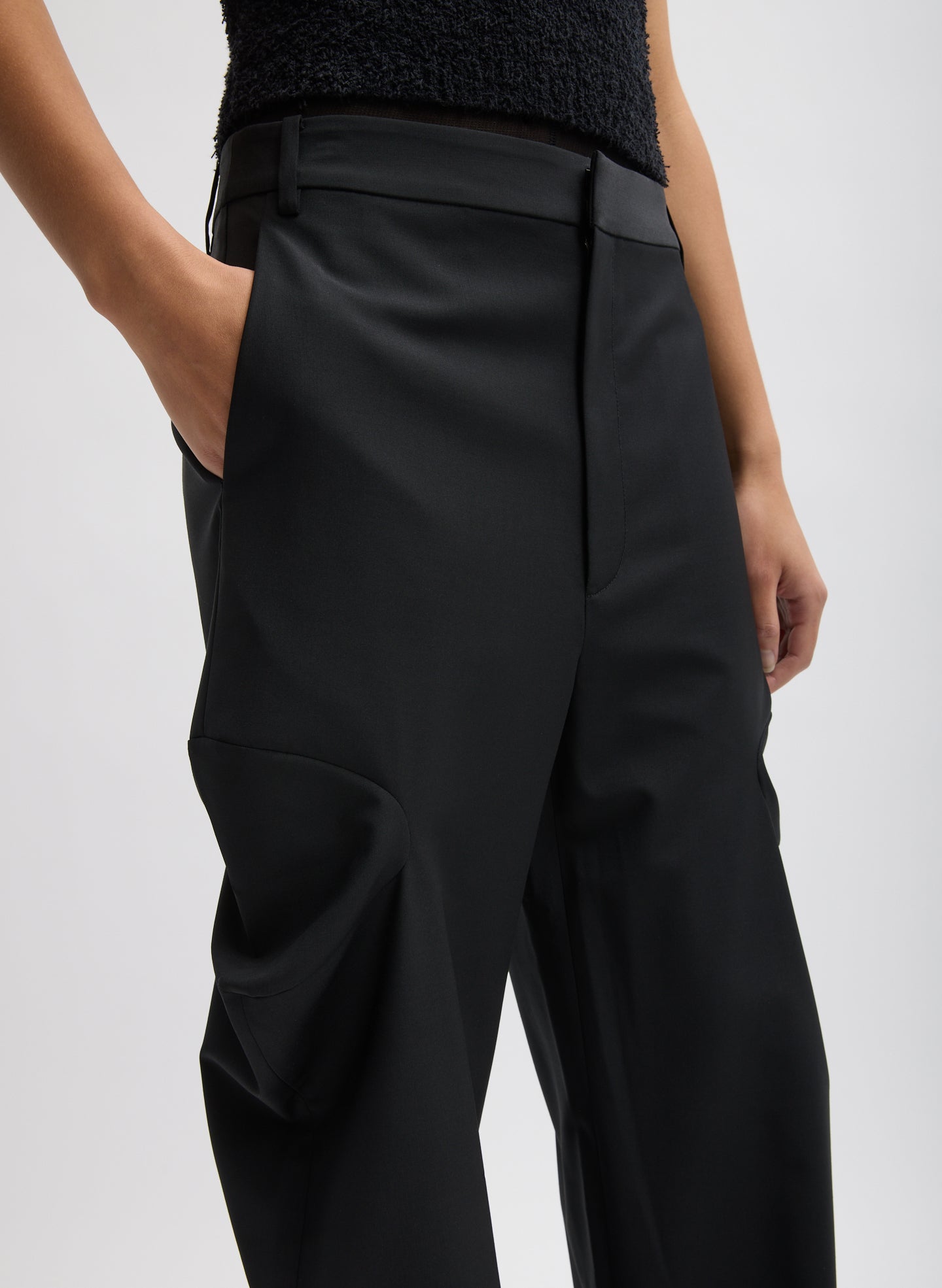 Black Recycled Tropical Wool Sculpted Meir Trouser - closeup of front pant detail