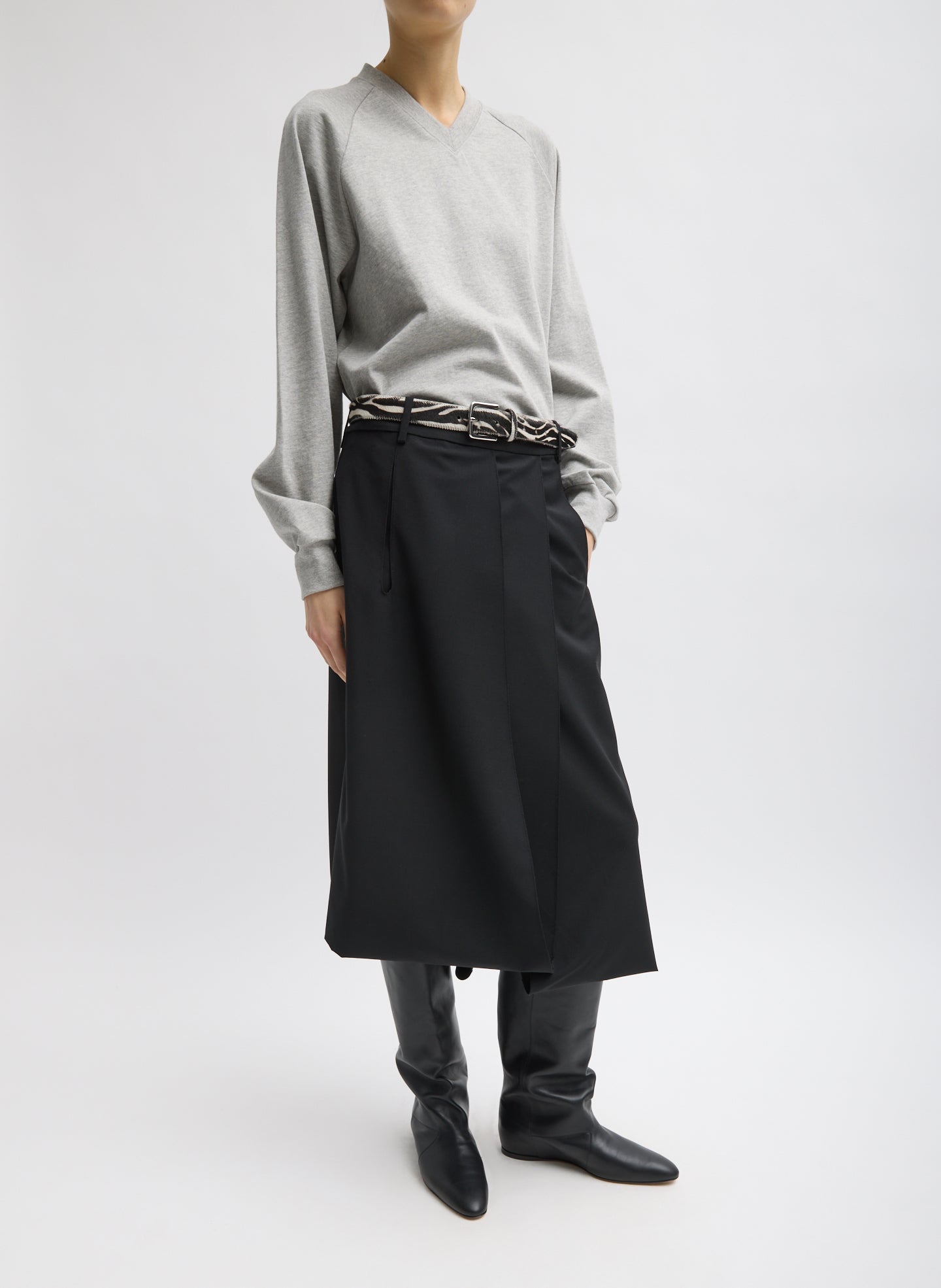 Black Recycled Tropical Wool Pliée Skirt - full look, front view on model