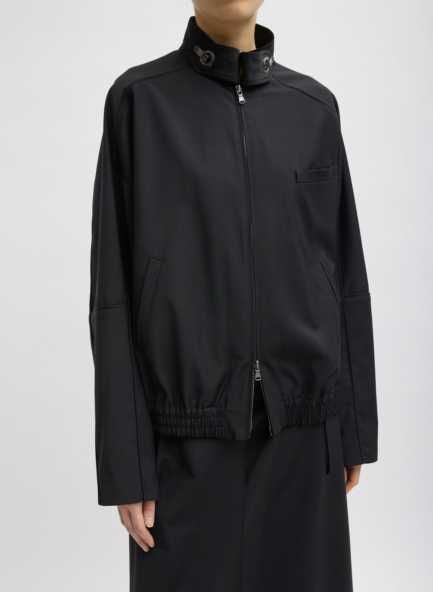 Black Recycled Tropical Wool Moto Bomber - front view on model