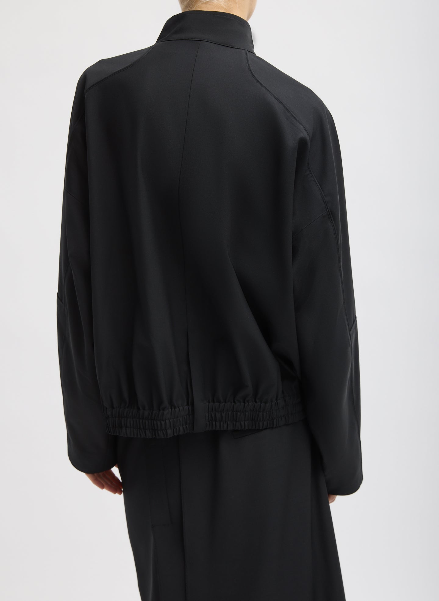 Black Recycled Tropical Wool Moto Bomber - back view on model