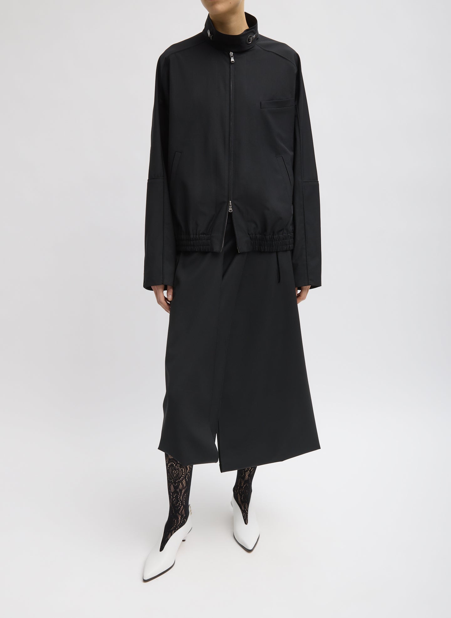 Black Recycled Tropical Wool Moto Bomber - full look, front view on model