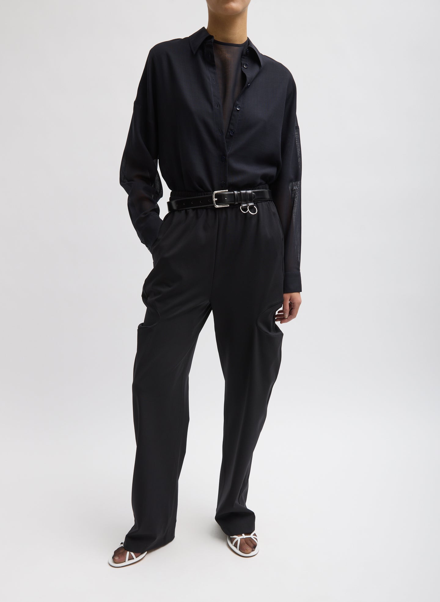 Black Compact Ultra Stretch Knit Sculpted Meir Pant - full look, front view on model