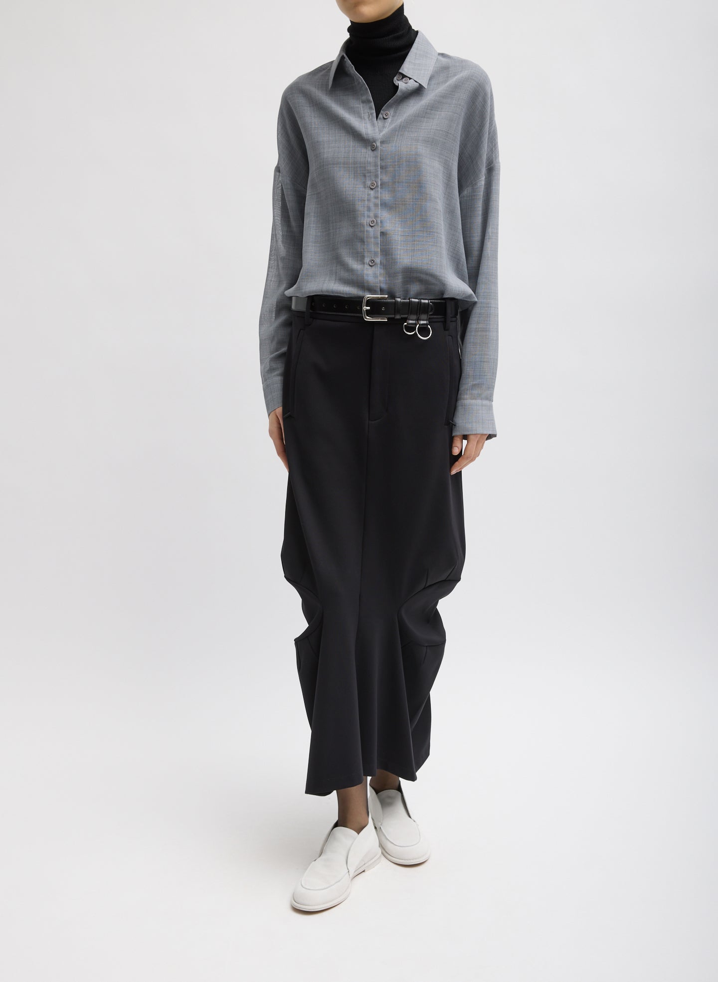 Black Compact Ultra Stretch Knit Sculpted Meir Trouser Skirt - full look, front view on model
