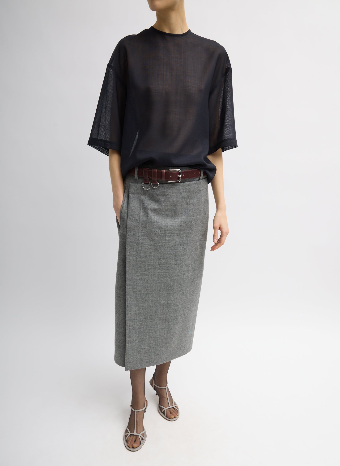 Grey Techy Bonded Wool Wrap Midi Skirt - belted, front view on model