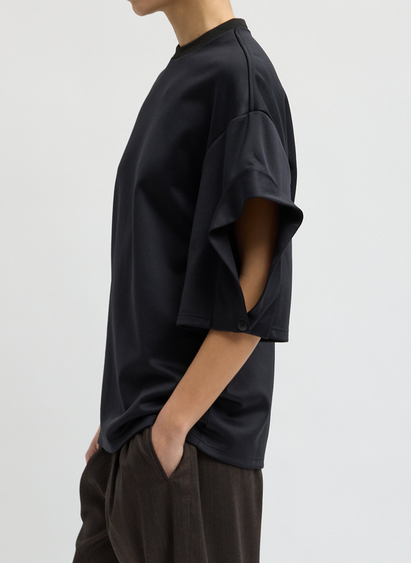 Black Active Knit Easy Drape Sleeve T-Shirt - side view on model