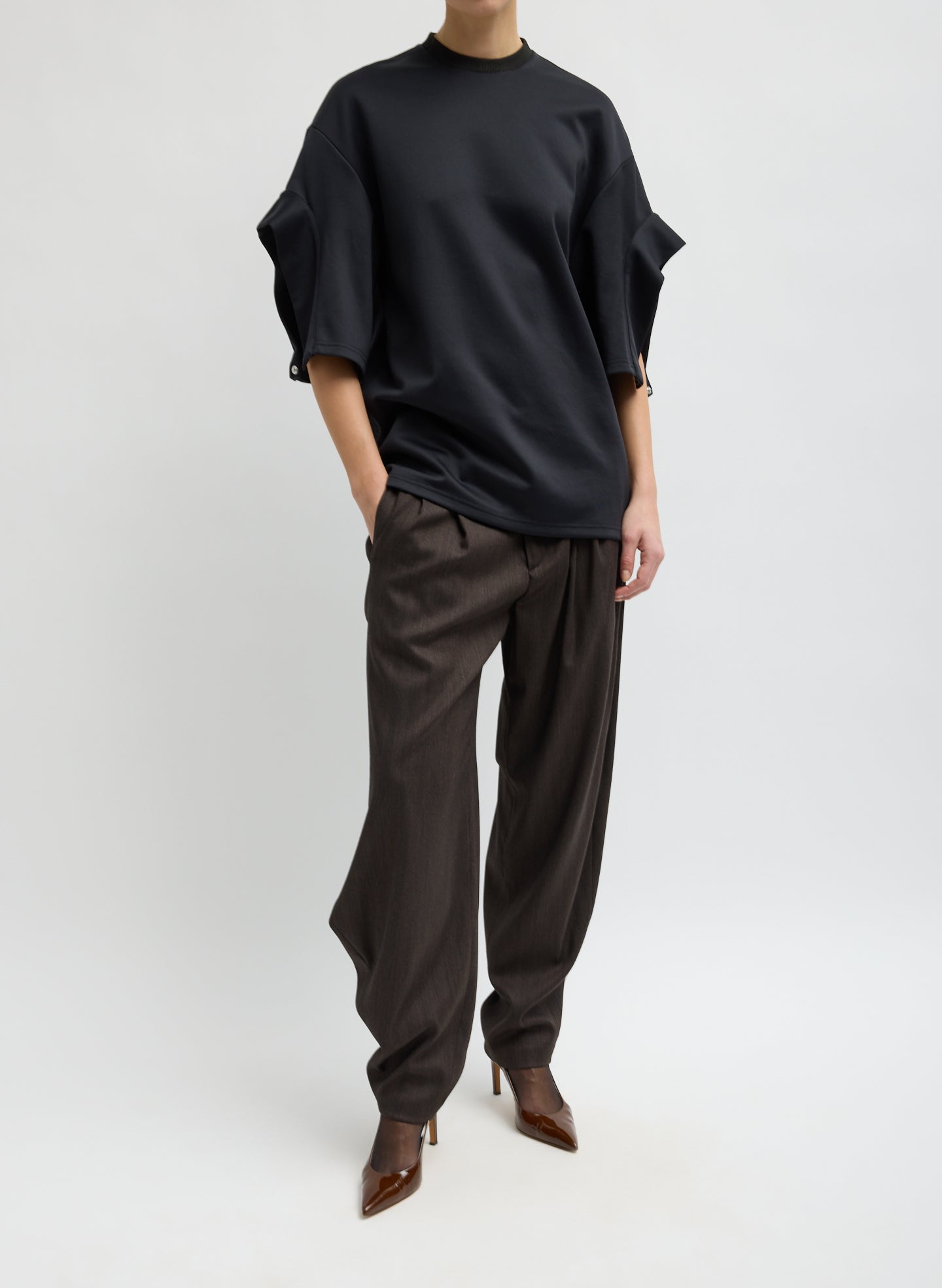 Black Active Knit Easy Drape Sleeve T-Shirt - full look, front view on model