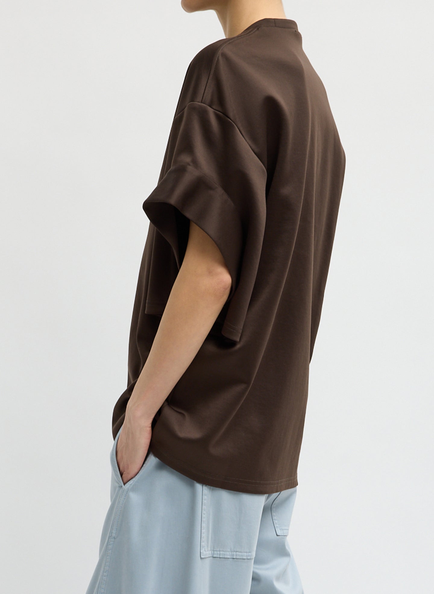 Brown Active Knit Easy Drape Sleeve T-Shirt - side view on model