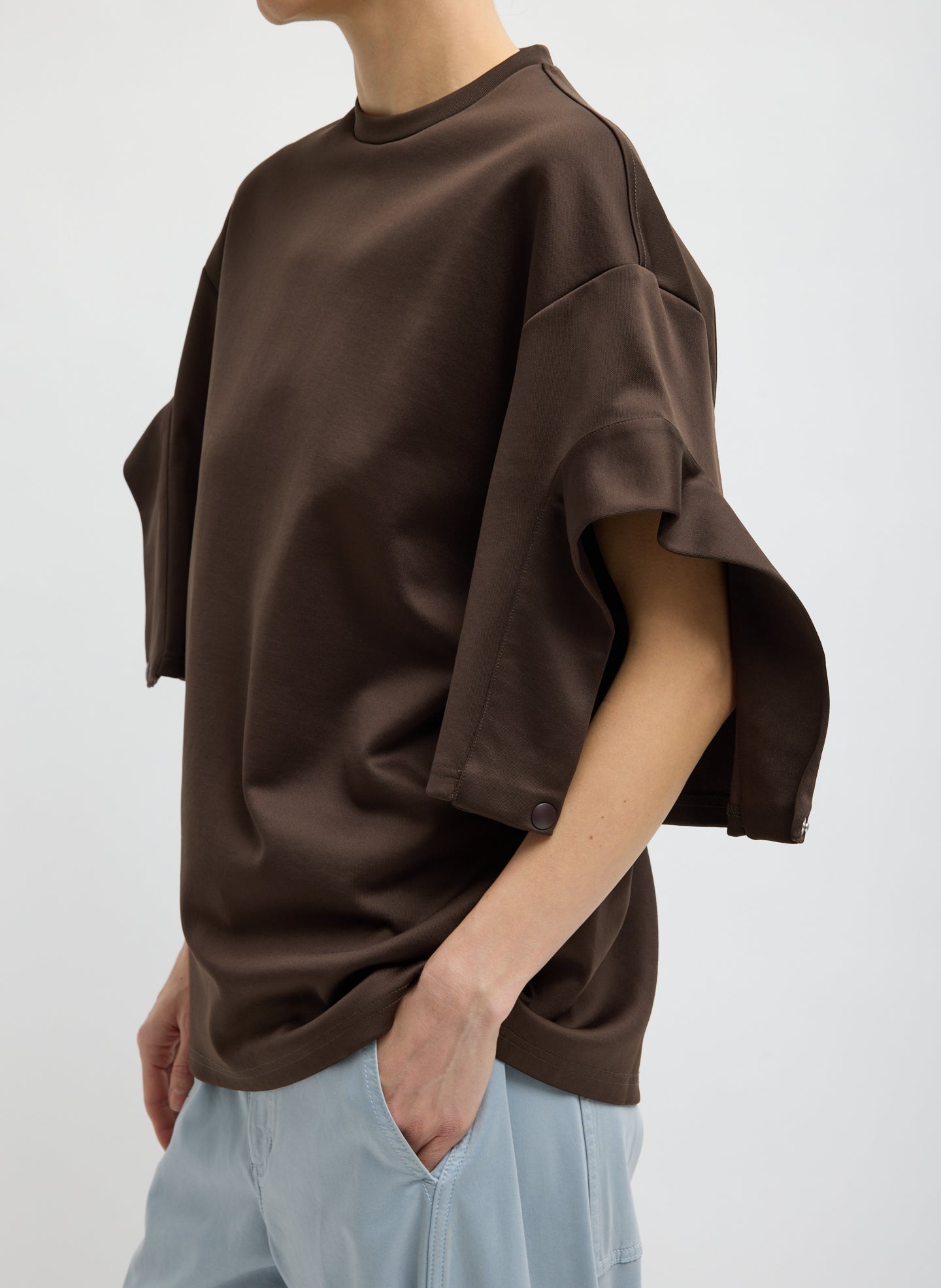 Brown Active Knit Easy Drape Sleeve T-Shirt - side view on model