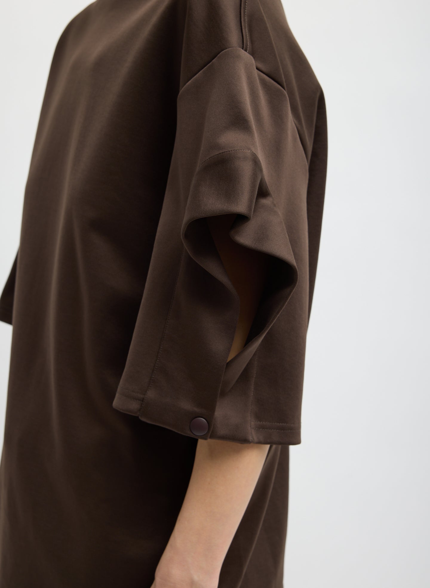 Brown Active Knit Easy Drape Sleeve T-Shirt - closeup of sleeve detail