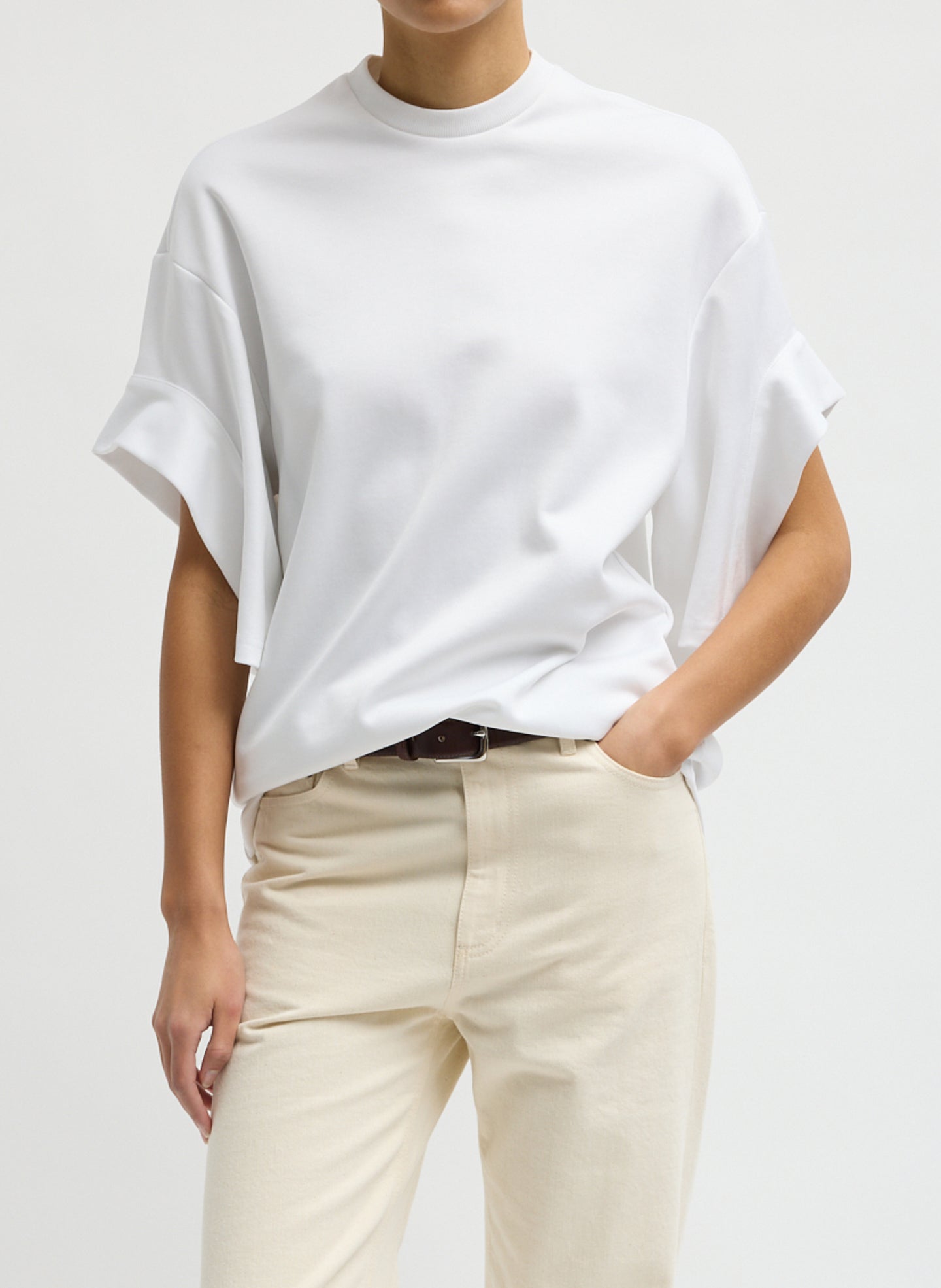 White Active Knit Easy Drape Sleeve T-Shirt - front view on model