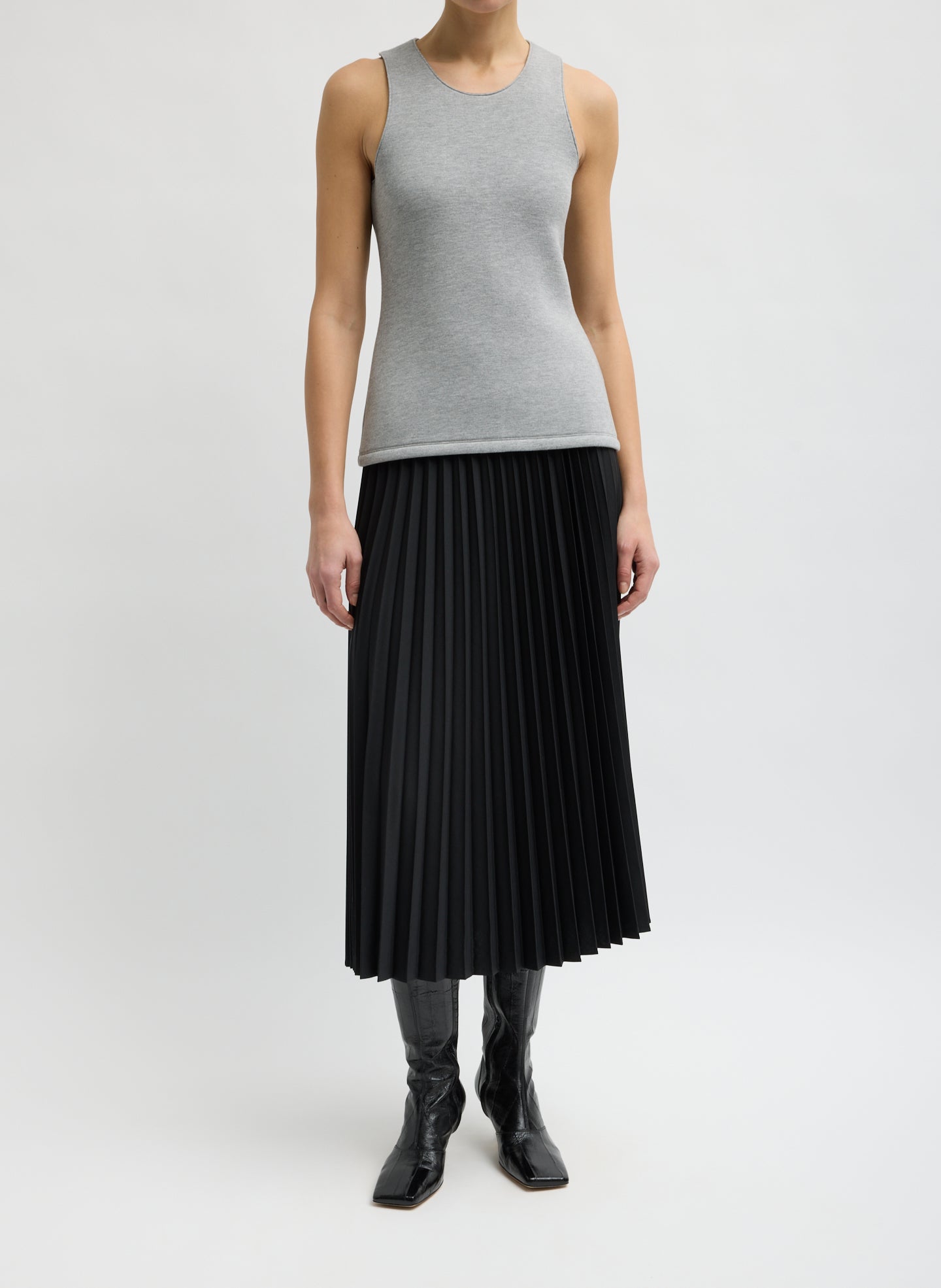 Heather Grey Bonded Viscose Tank Top - full look, front view on model