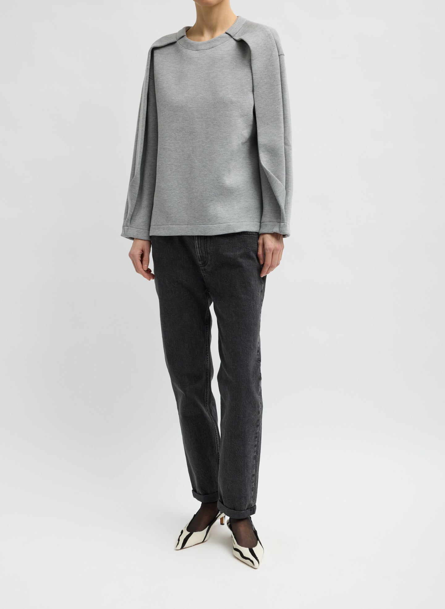 Heather Grey Bonded Viscose Crew Neck with Folded Panel - full look, front view on model