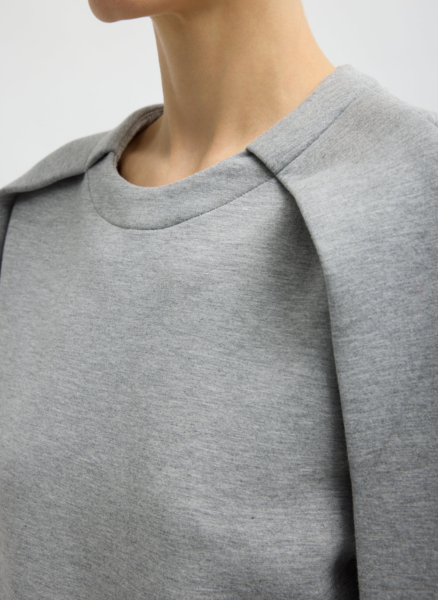 Heather Grey Bonded Viscose Crew Neck with Folded Panel - closeup of neckline