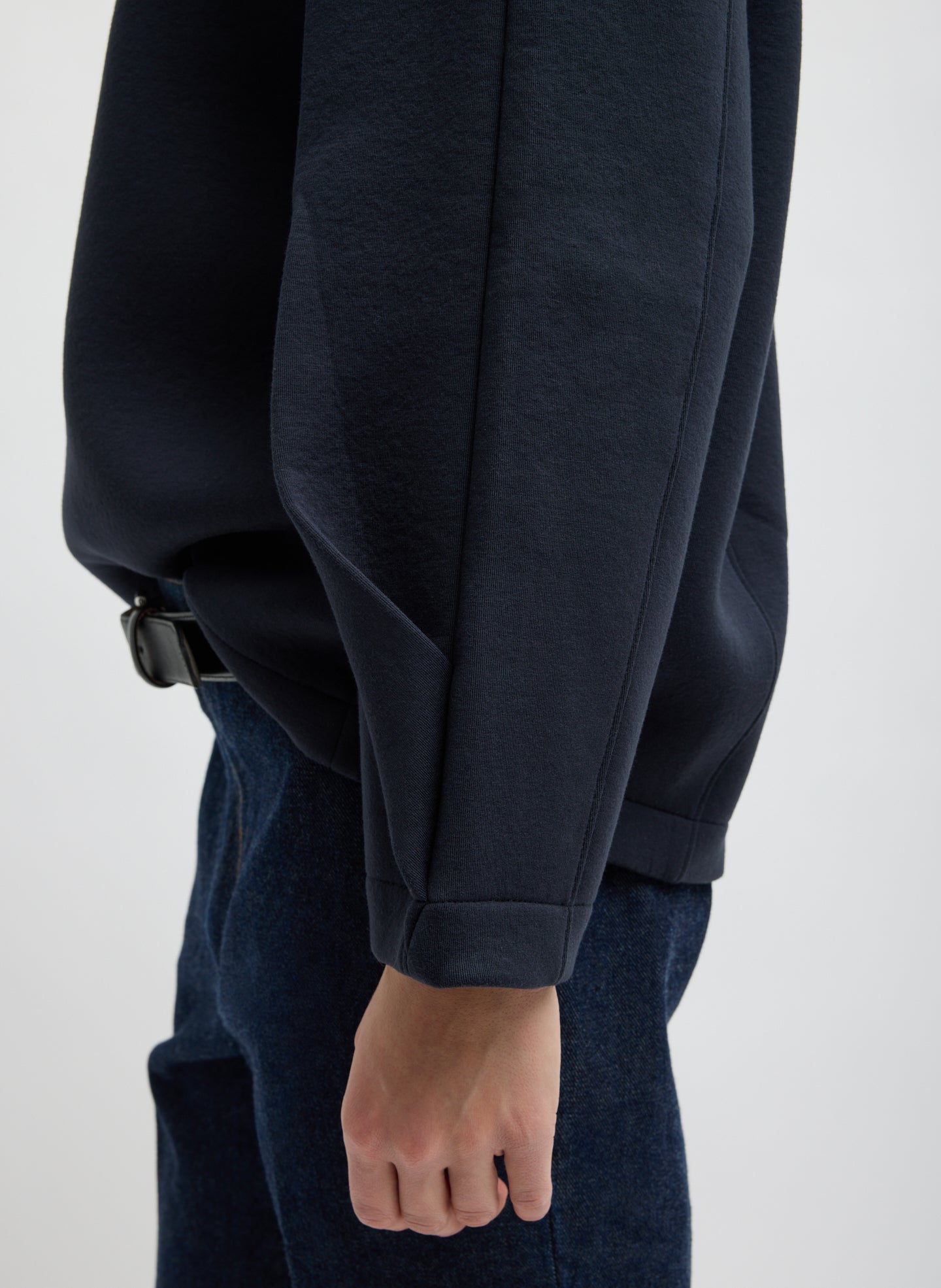 Navy Bonded Viscose Crew Neck with Folded Panel - closeup of sleeve detail
