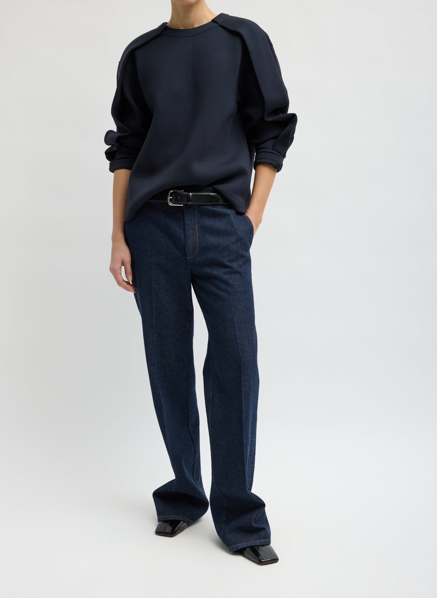 Navy Bonded Viscose Crew Neck with Folded Panel - full look, front view on model