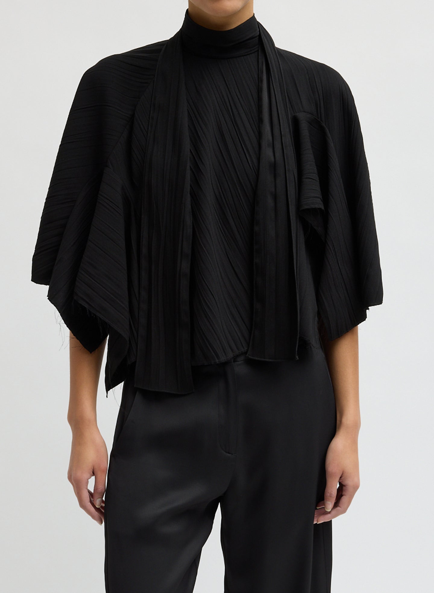 Black Creased Acetate Cape Tie Top - front view on model