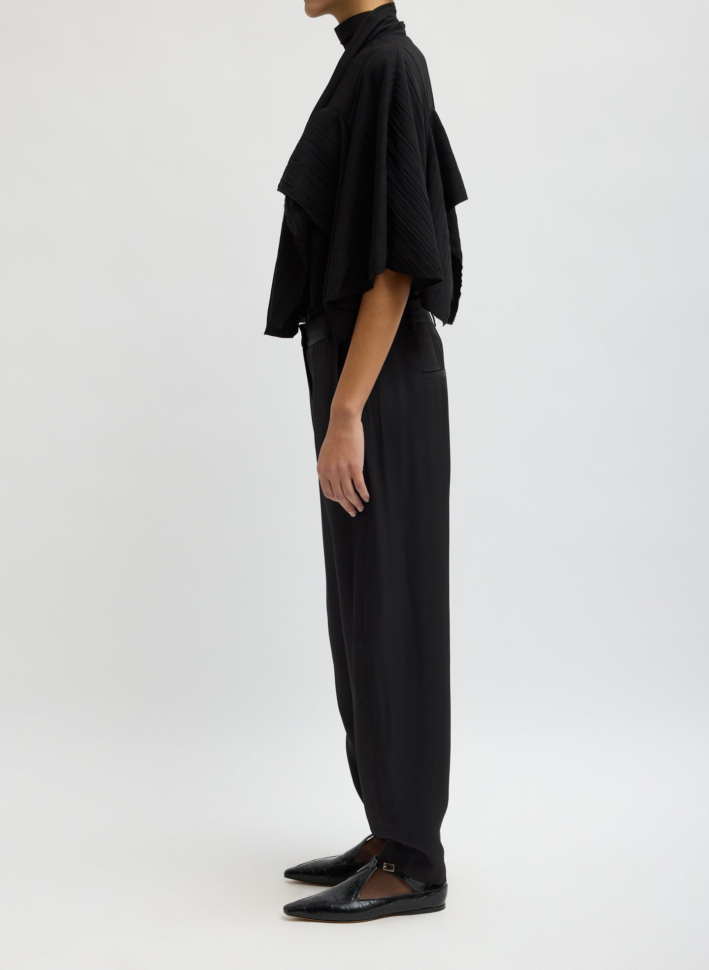 Black Creased Acetate Cape Tie Top - side view on model