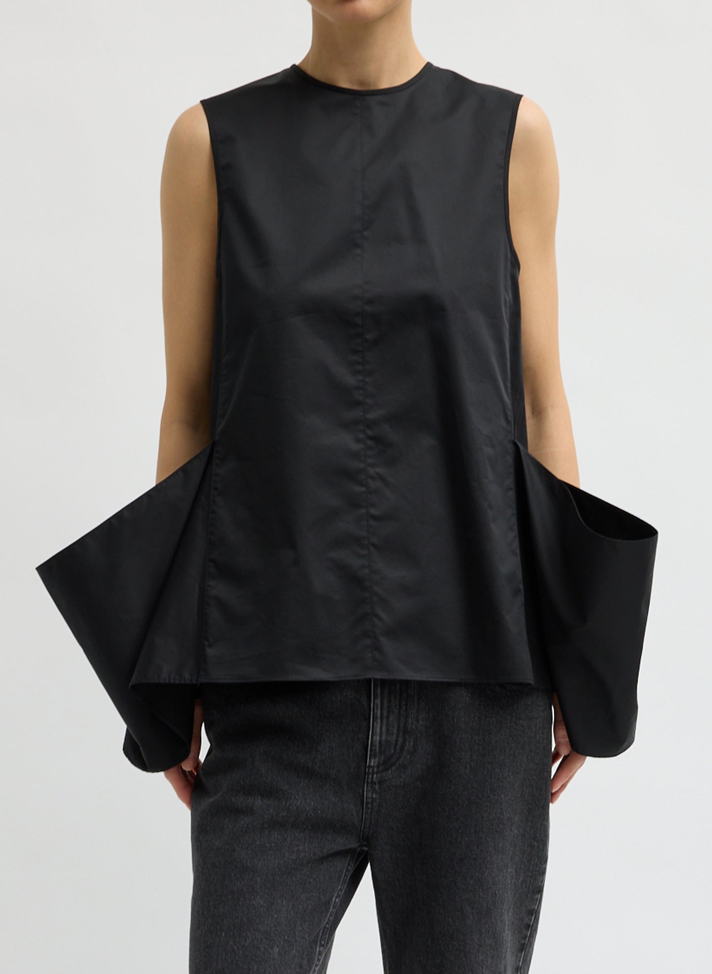 Black Eco Poplin Side Drape Top - sleeveless top, front view on model