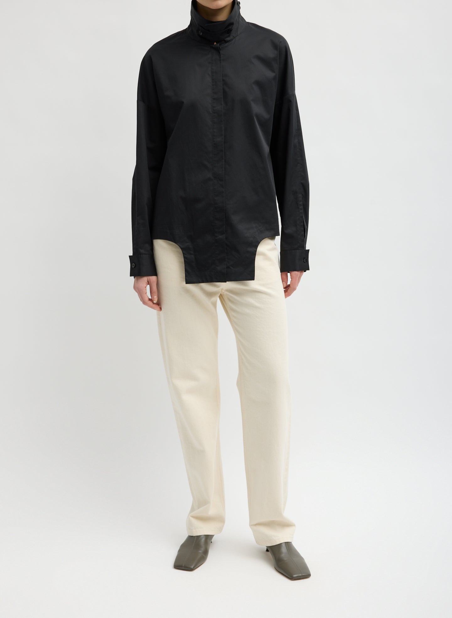 Black Eco Poplin Easy Shirt with Flap Detail - full look, front view on model