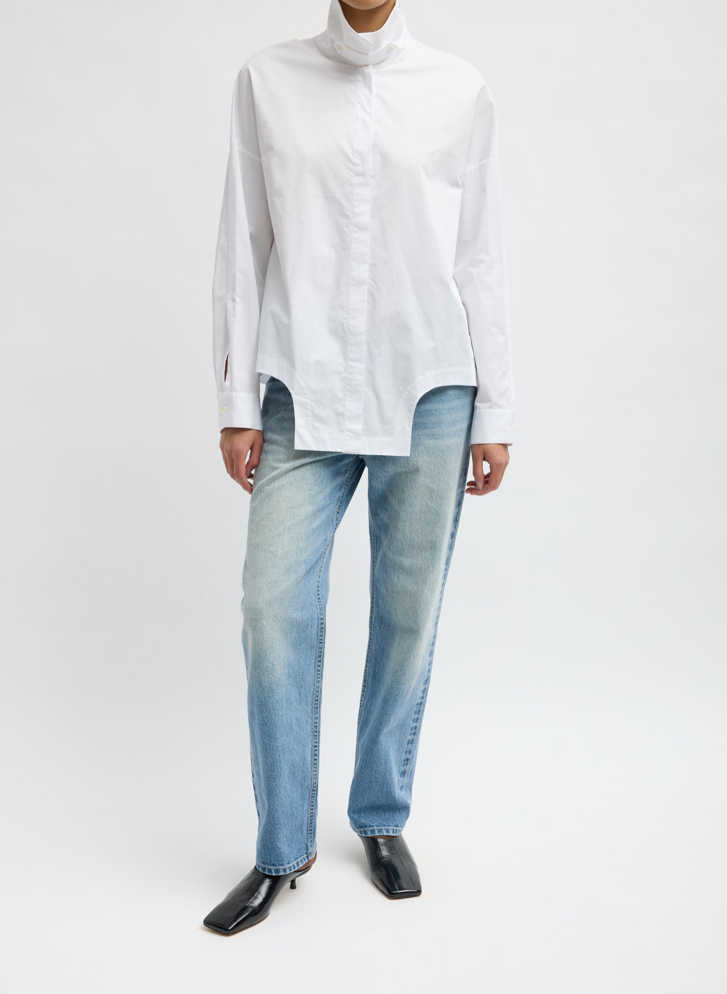 White Eco Poplin Easy Shirt with Flap Detail - full look, front view on model