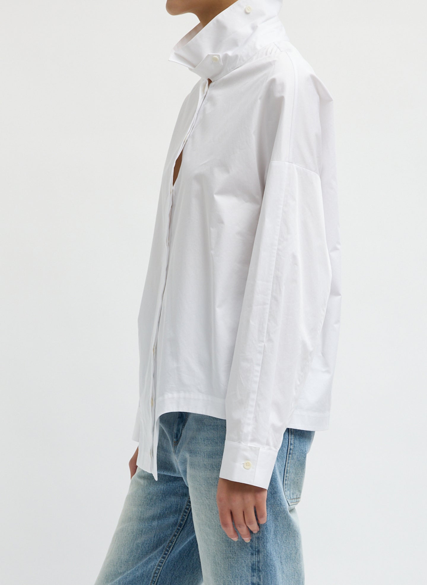 White Eco Poplin Easy Shirt with Flap Detail - button down shirt, side view on model