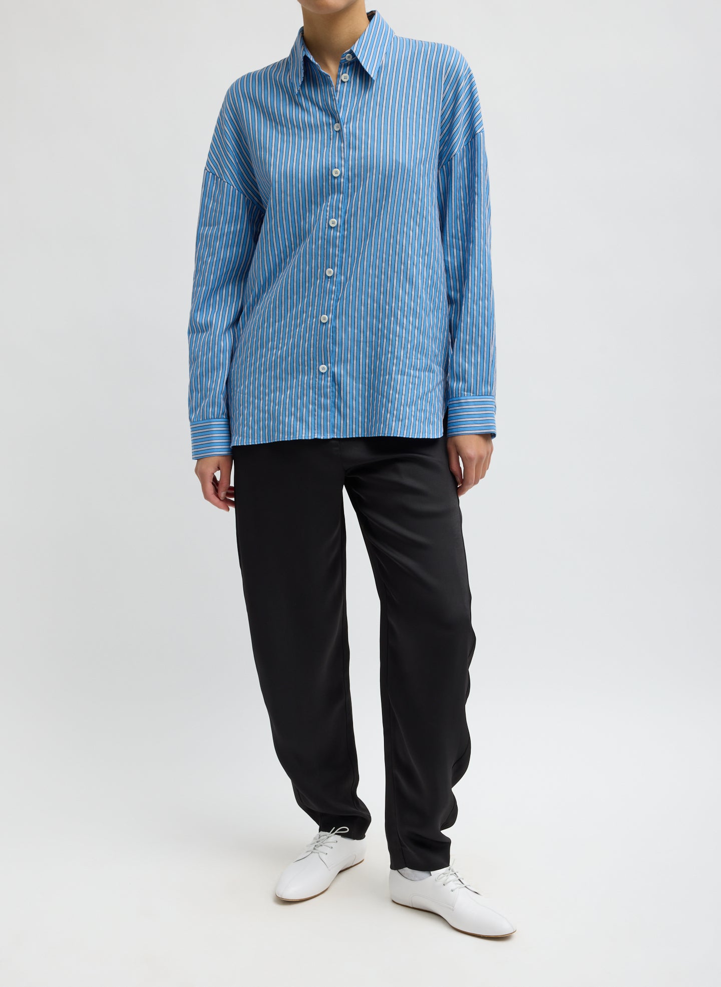 Blue Edmund Lyocell Stripe Oversized Shirt - full look, front view on model