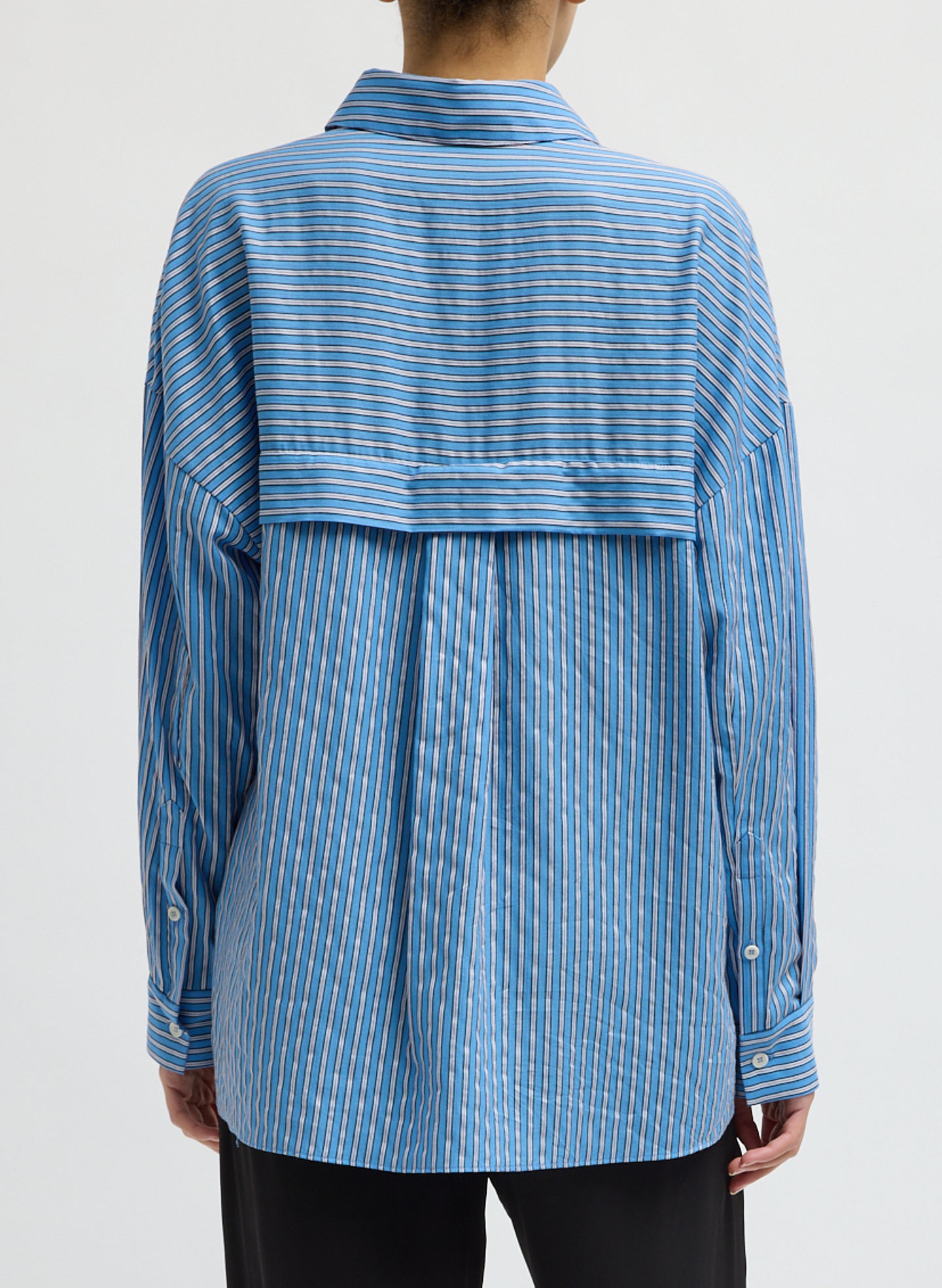 Blue Edmund Lyocell Stripe Oversized Shirt - button down shirt, back view on model