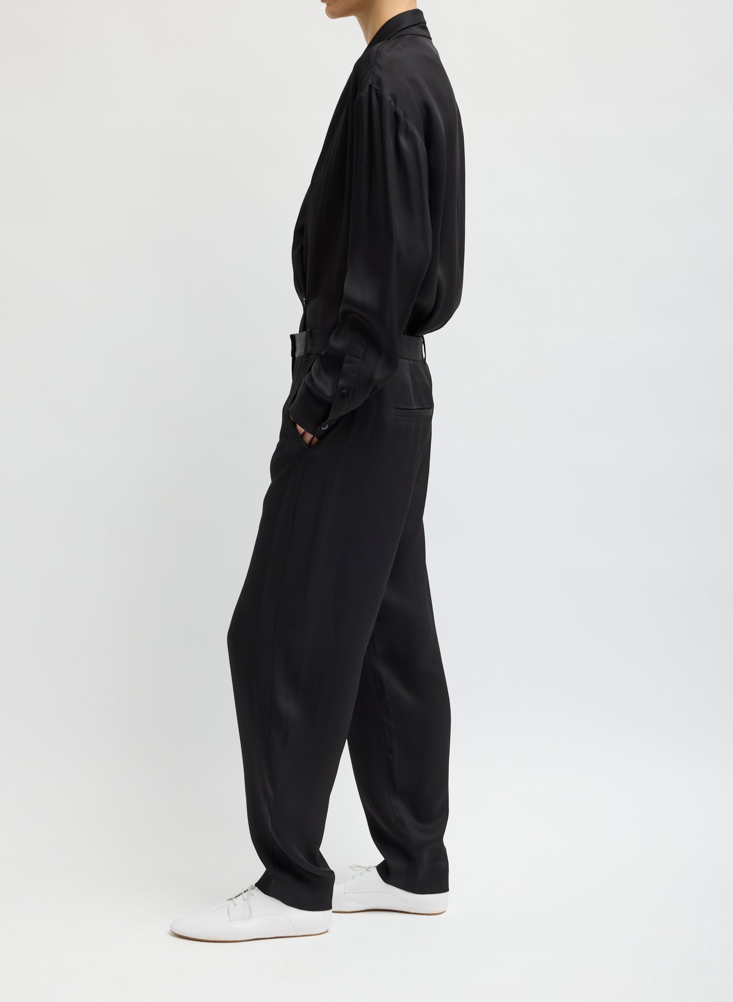 Mustard Eco Acetate Viscose Grace Trouser - tapered trouser, side view on model