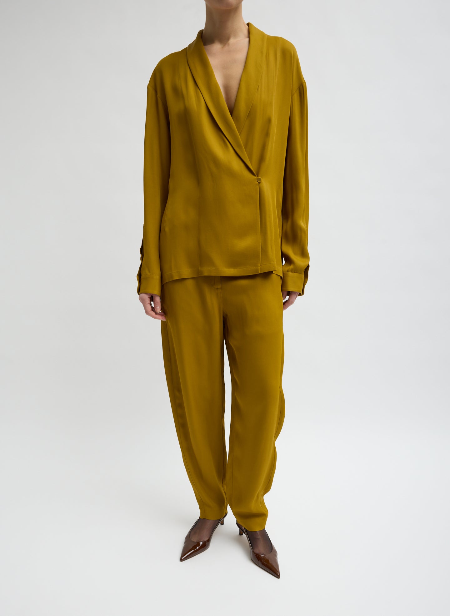Mustard Eco Acetate Viscose Grace Trouser - full look, front view on model