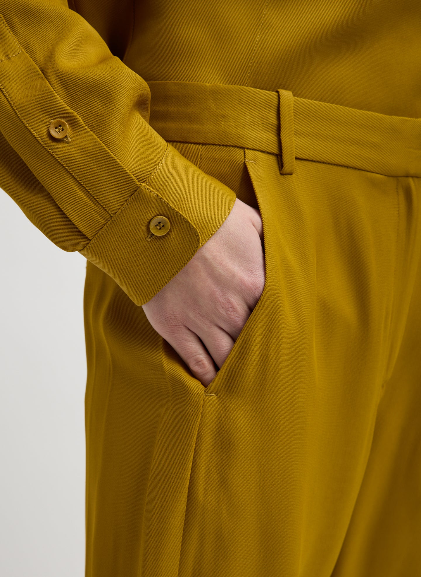 Mustard Eco Acetate Viscose Grace Trouser - closeup of side pocket detail
