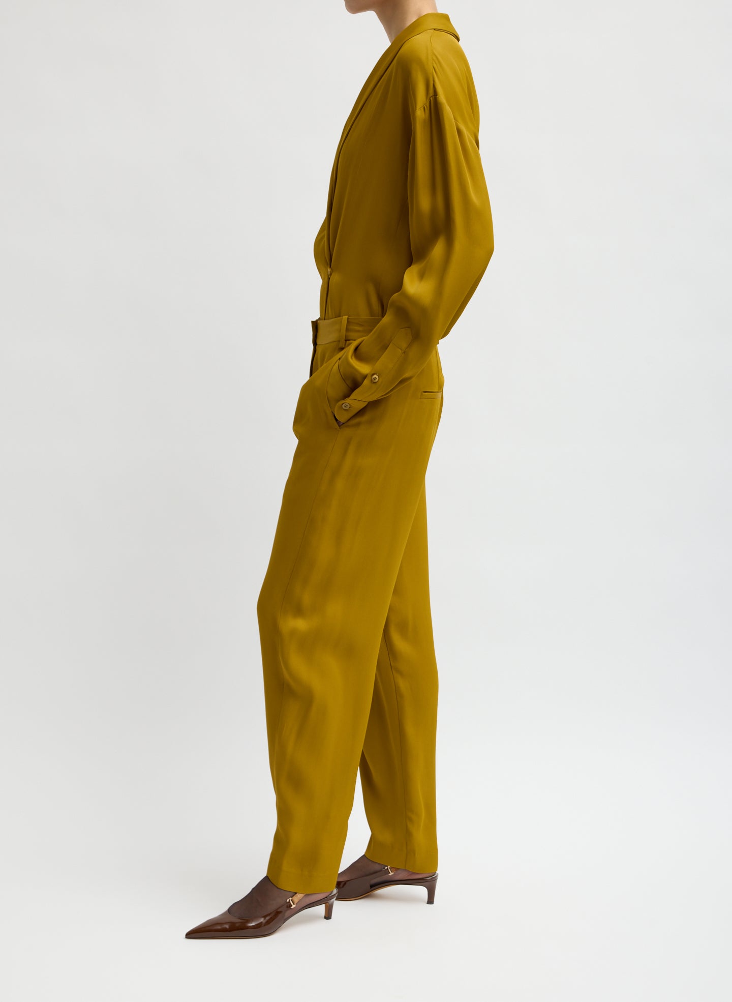 Mustard Eco Acetate Viscose Grace Trouser - tapered trouser, side view on model