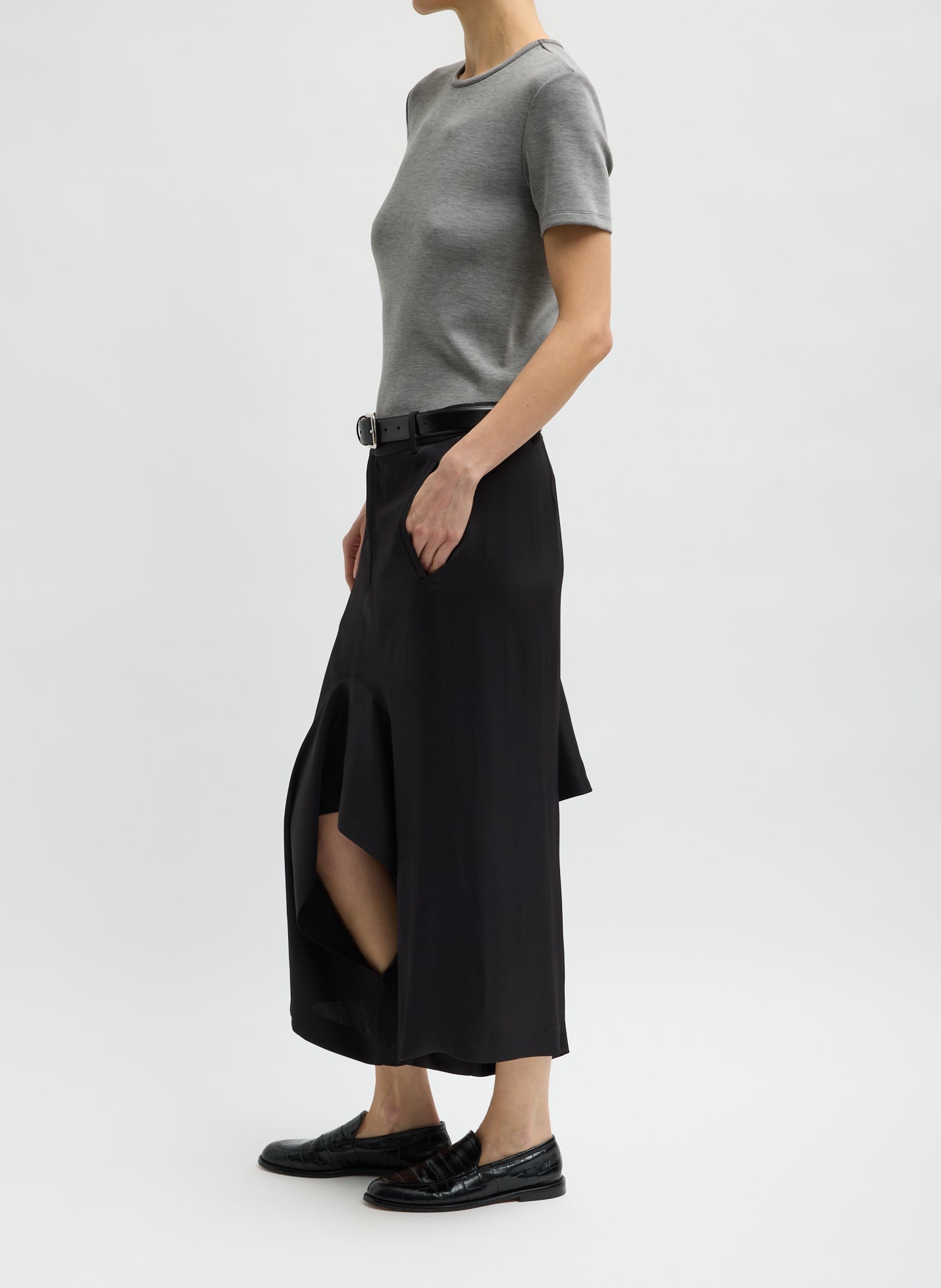 Black Eco Acetate Viscose Front Drape Culotte - side view on model