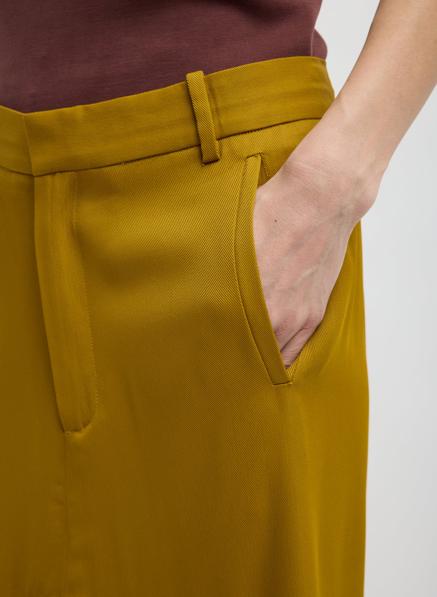 Mustard Eco Acetate Viscose Front Drape Culotte - closeup of pocket detail