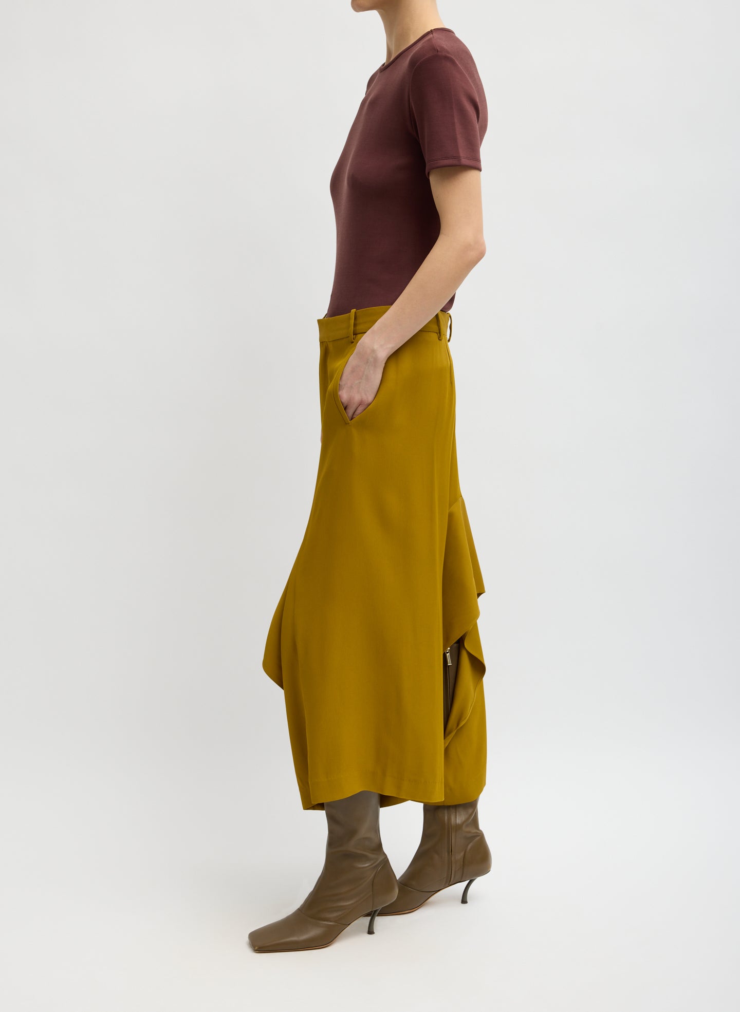 Mustard Eco Acetate Viscose Front Drape Culotte - side view on model