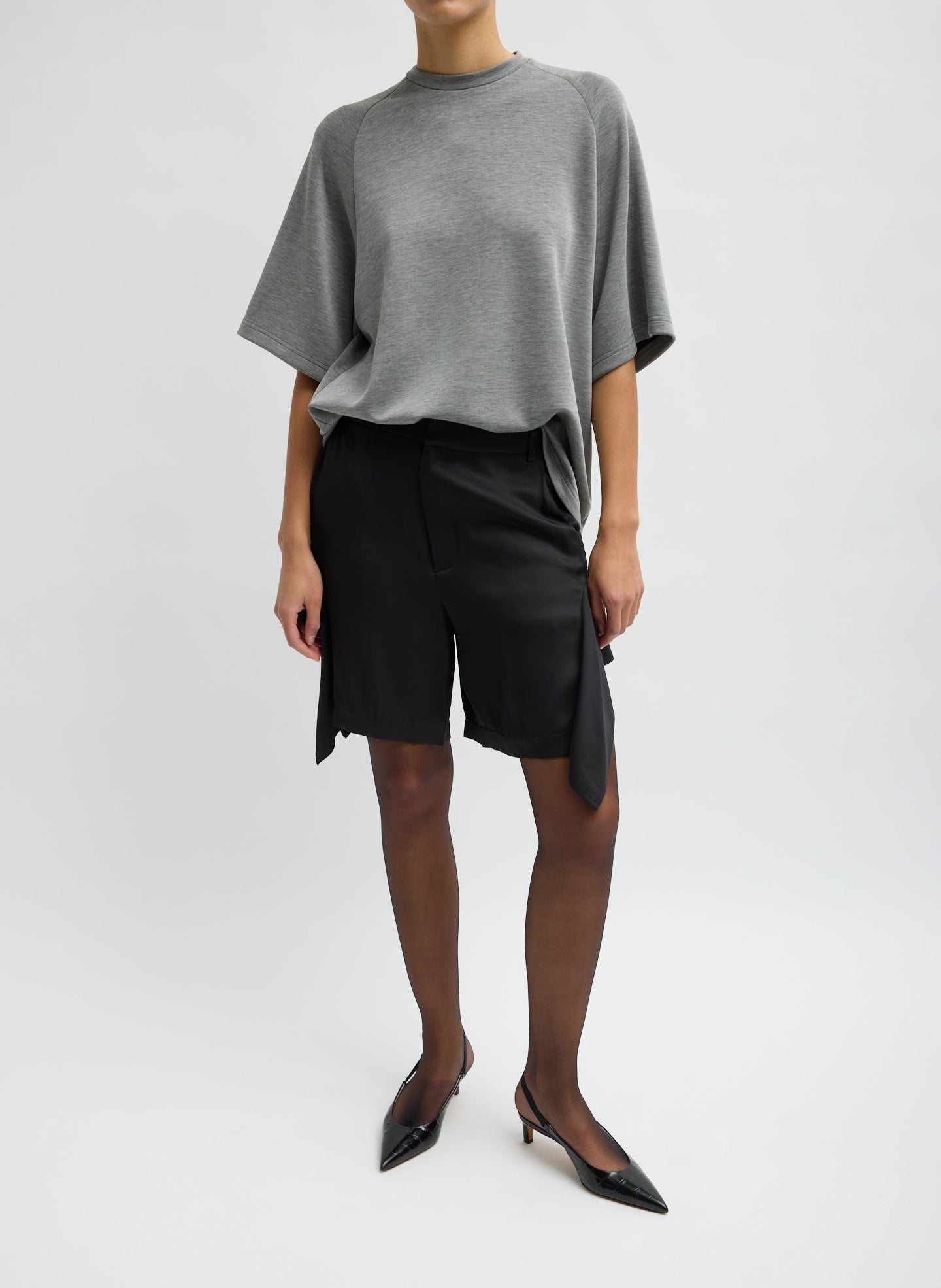 Black Eco Acetate Viscose Side Drape Short - front view on model
