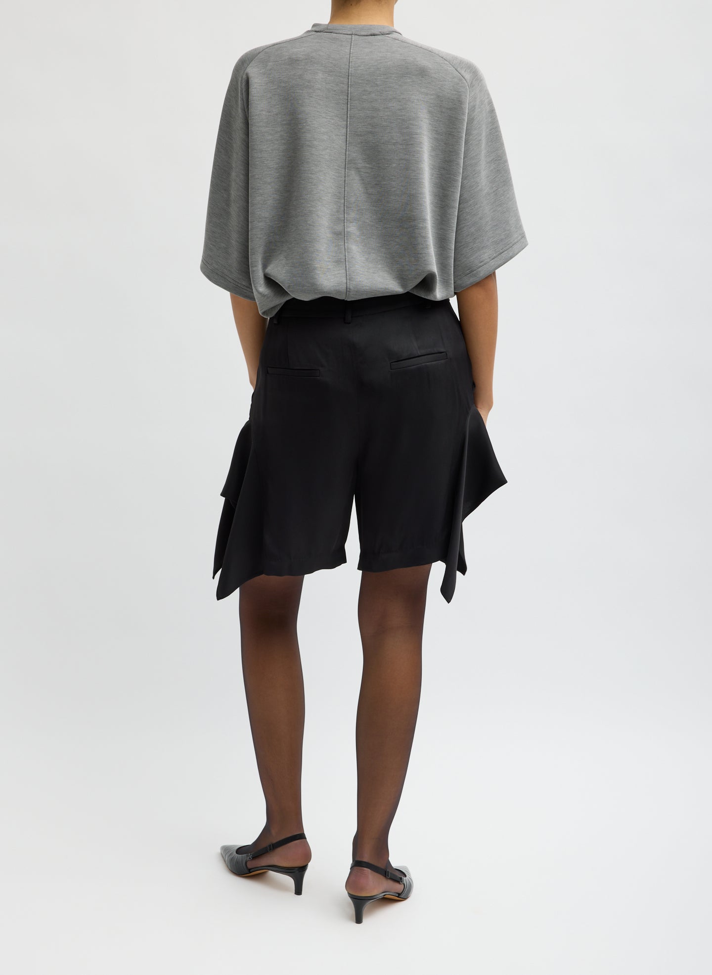Black Eco Acetate Viscose Side Drape Short - back view on model