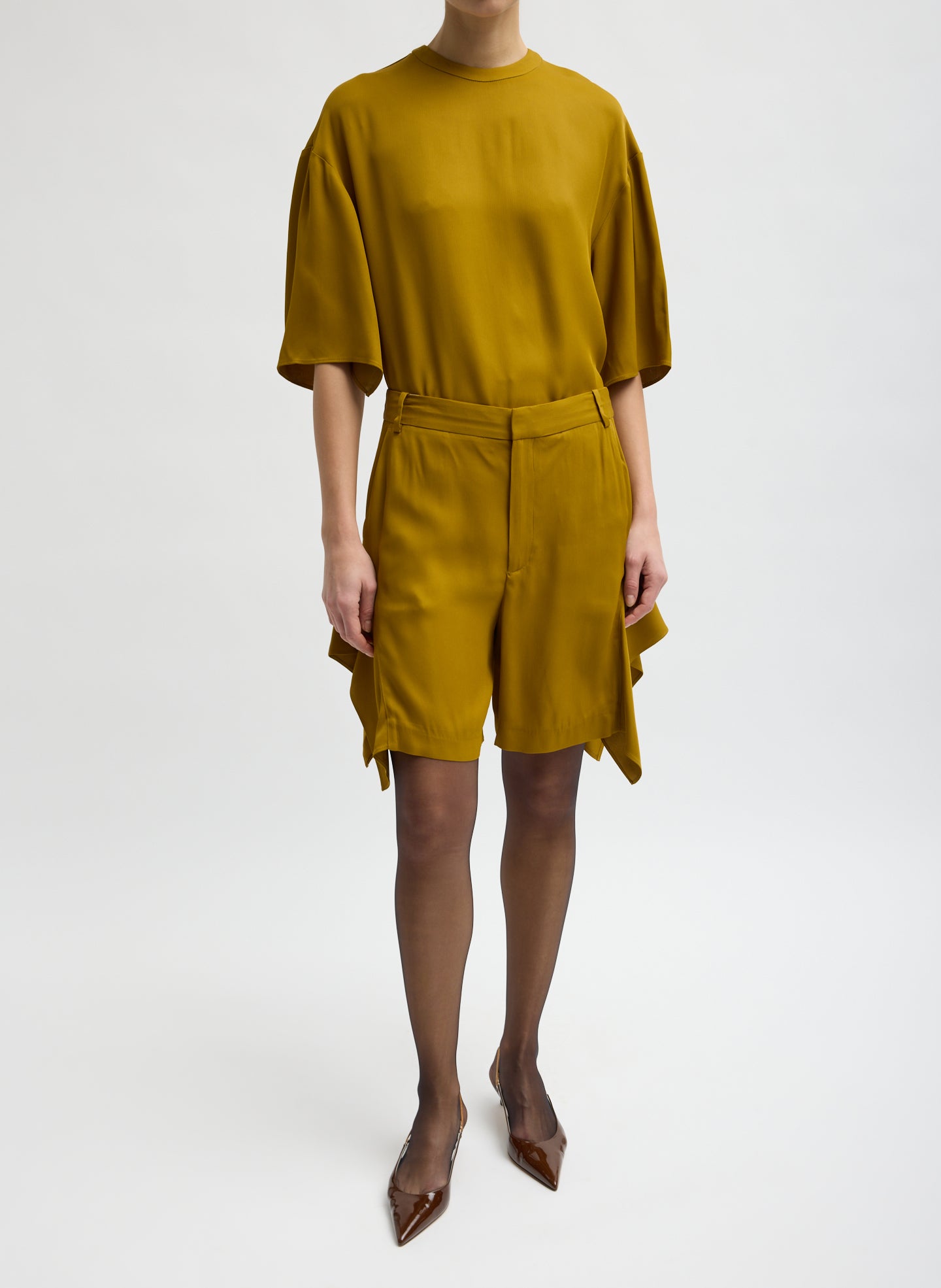 Mustard Eco Acetate Viscose Side Drape Short - front view on model
