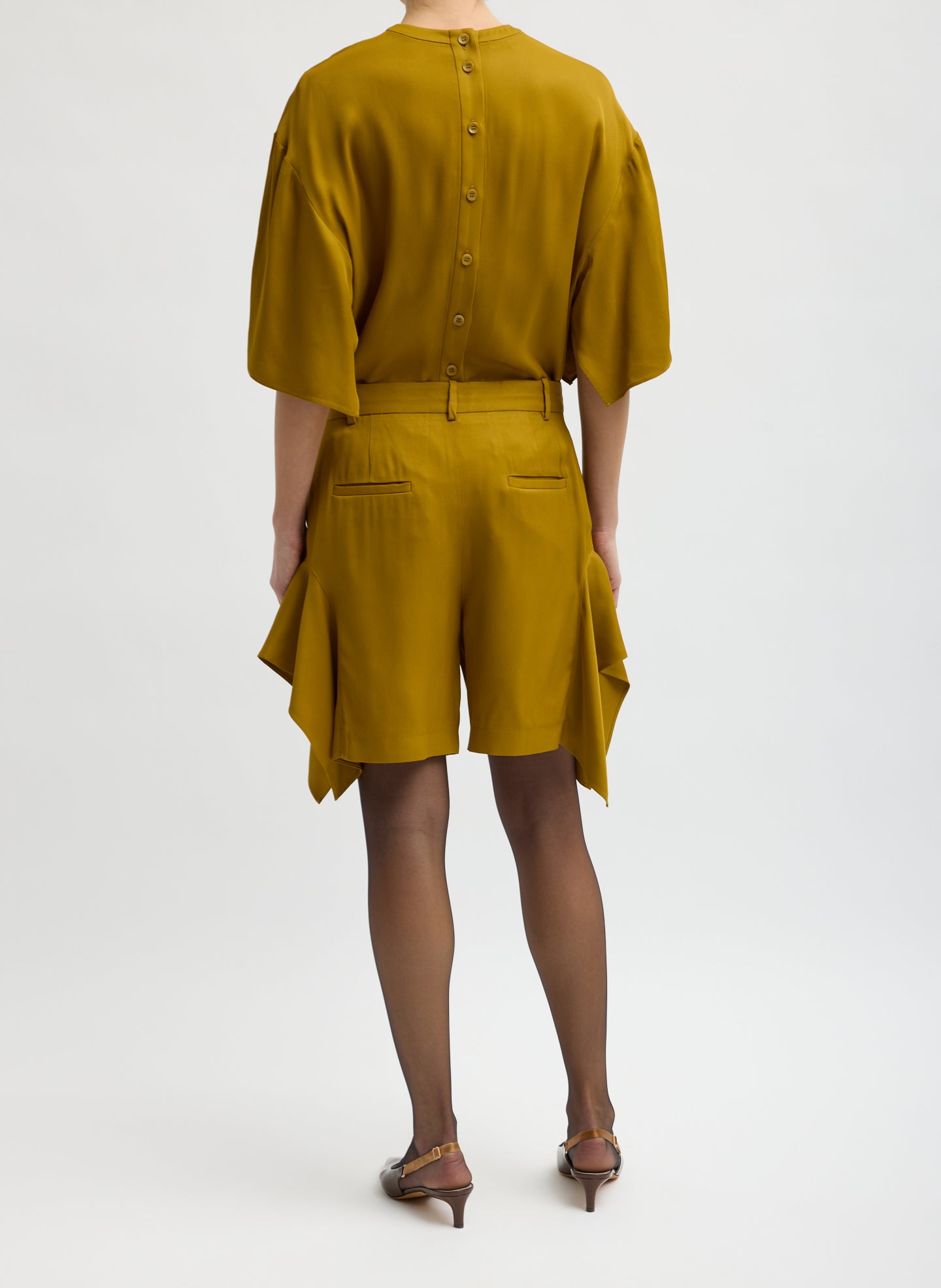 Mustard Eco Acetate Viscose Side Drape Short - back view on model