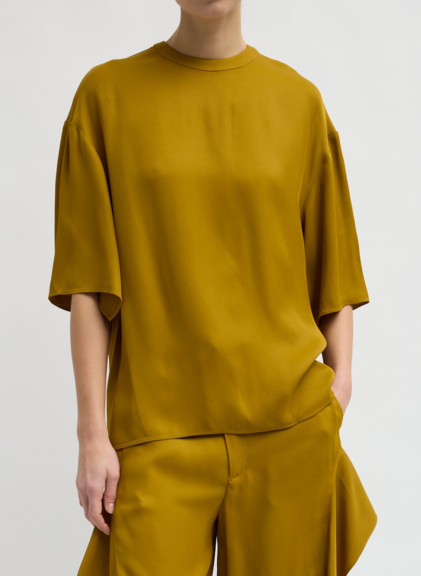 Mustard Eco Acetate Viscose Easy T-Shirt with Slit Detail - oversized t-shirt, front view on model
